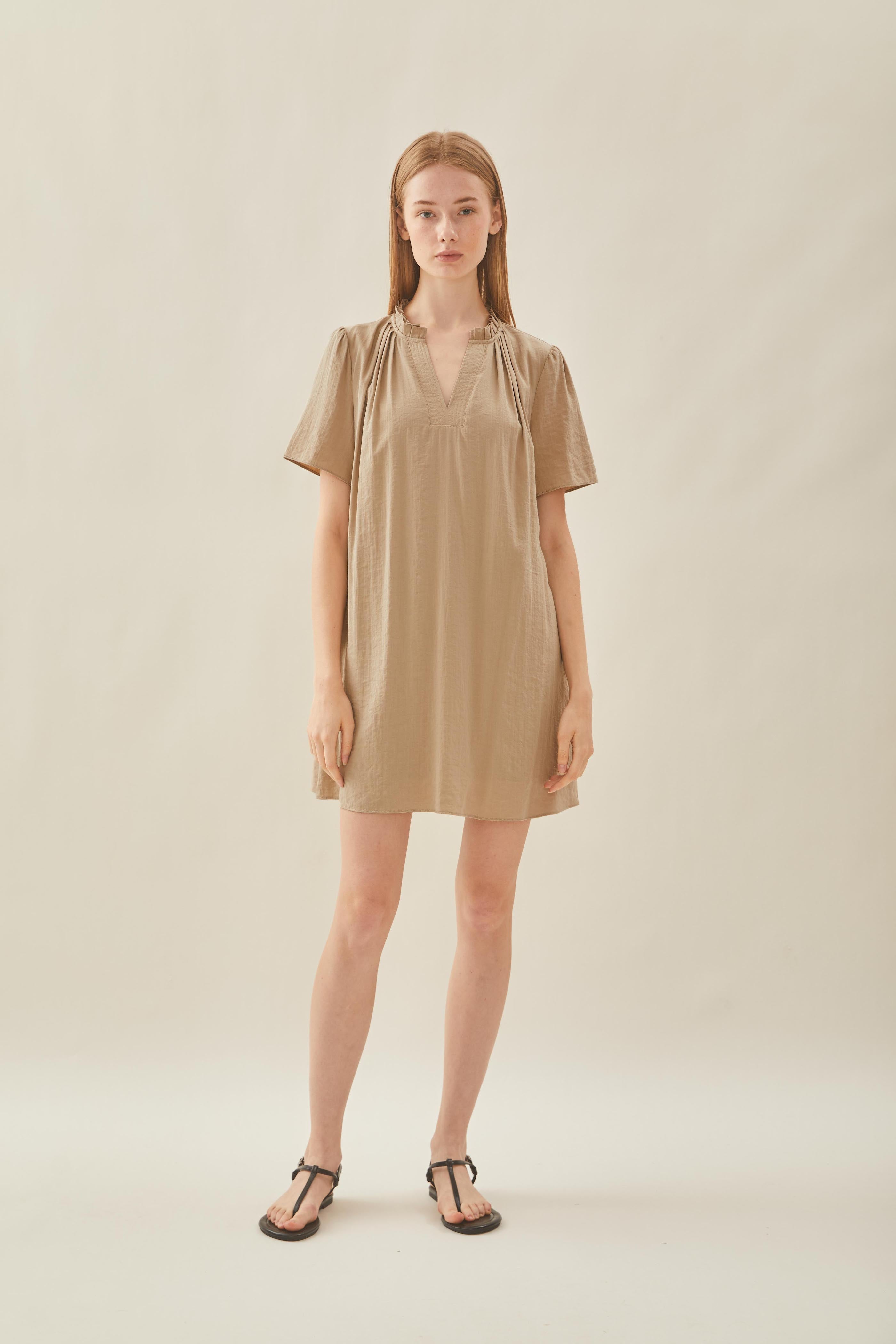 Pleated V Neck Dress in Taupe