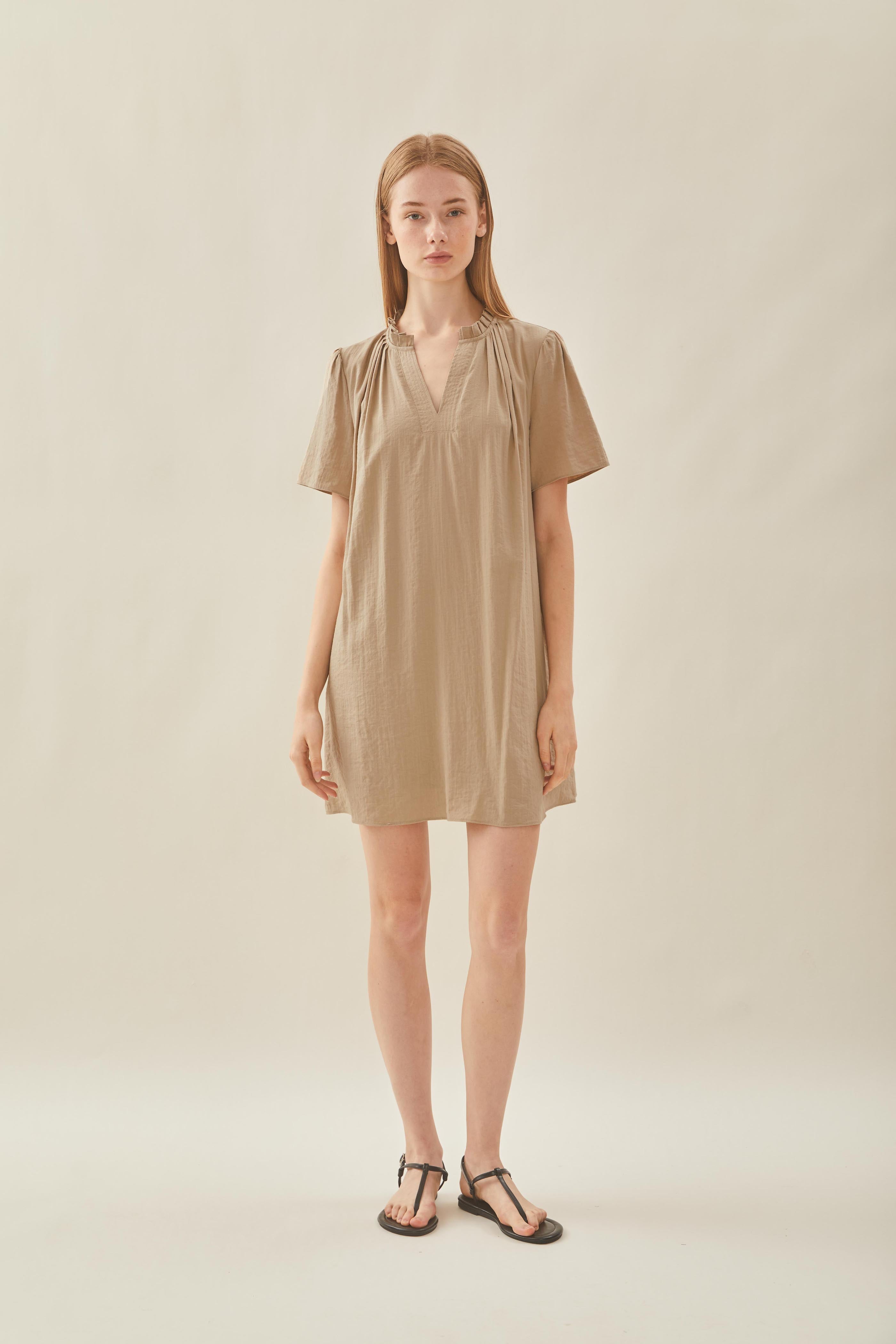 Pleated V Neck Dress in Taupe