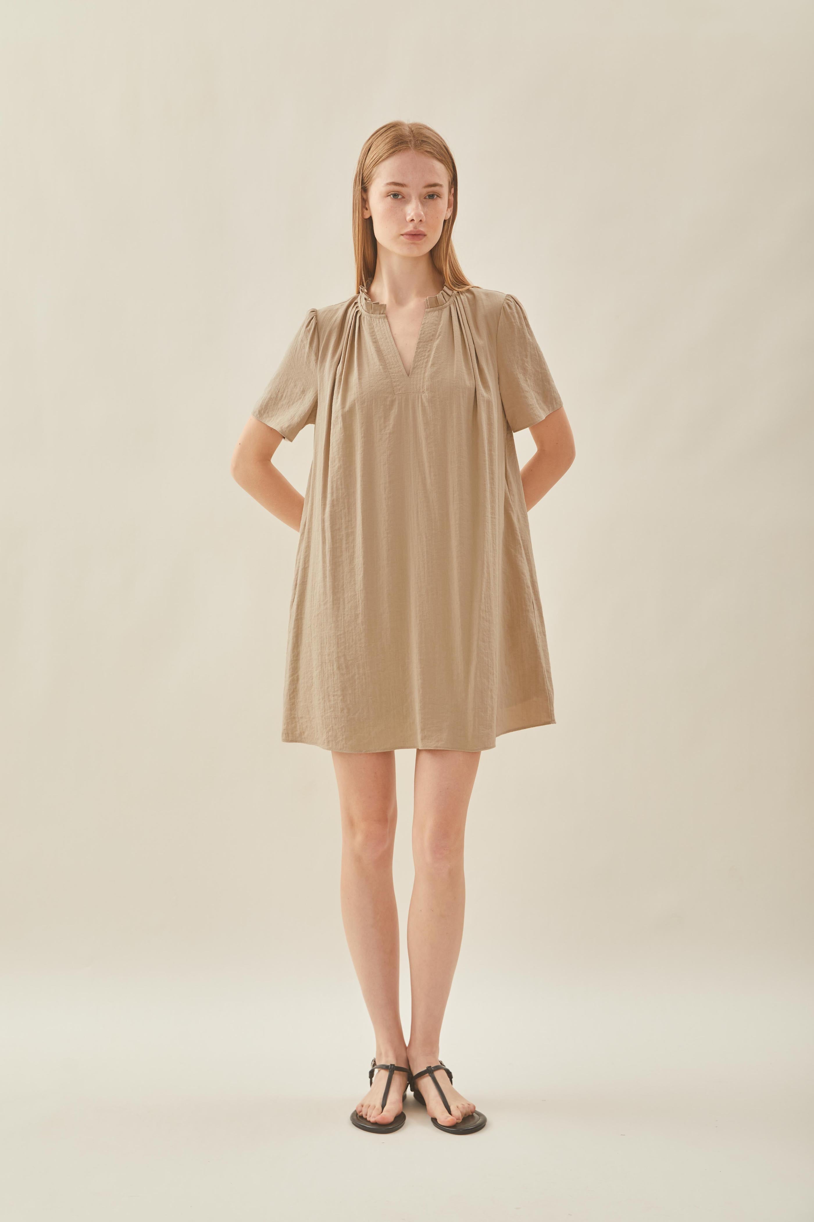 Pleated V Neck Dress in Taupe