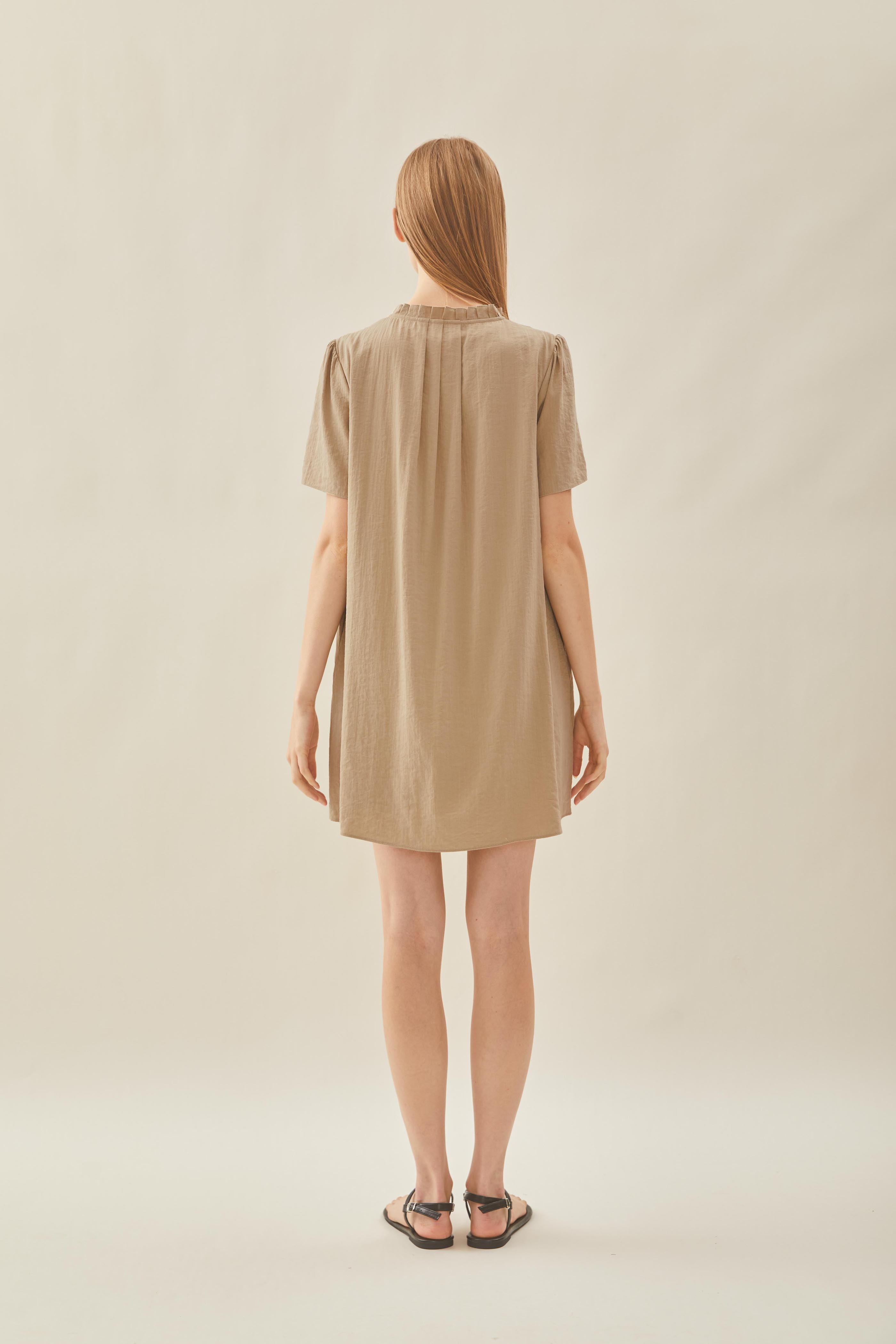 Pleated V Neck Dress in Taupe