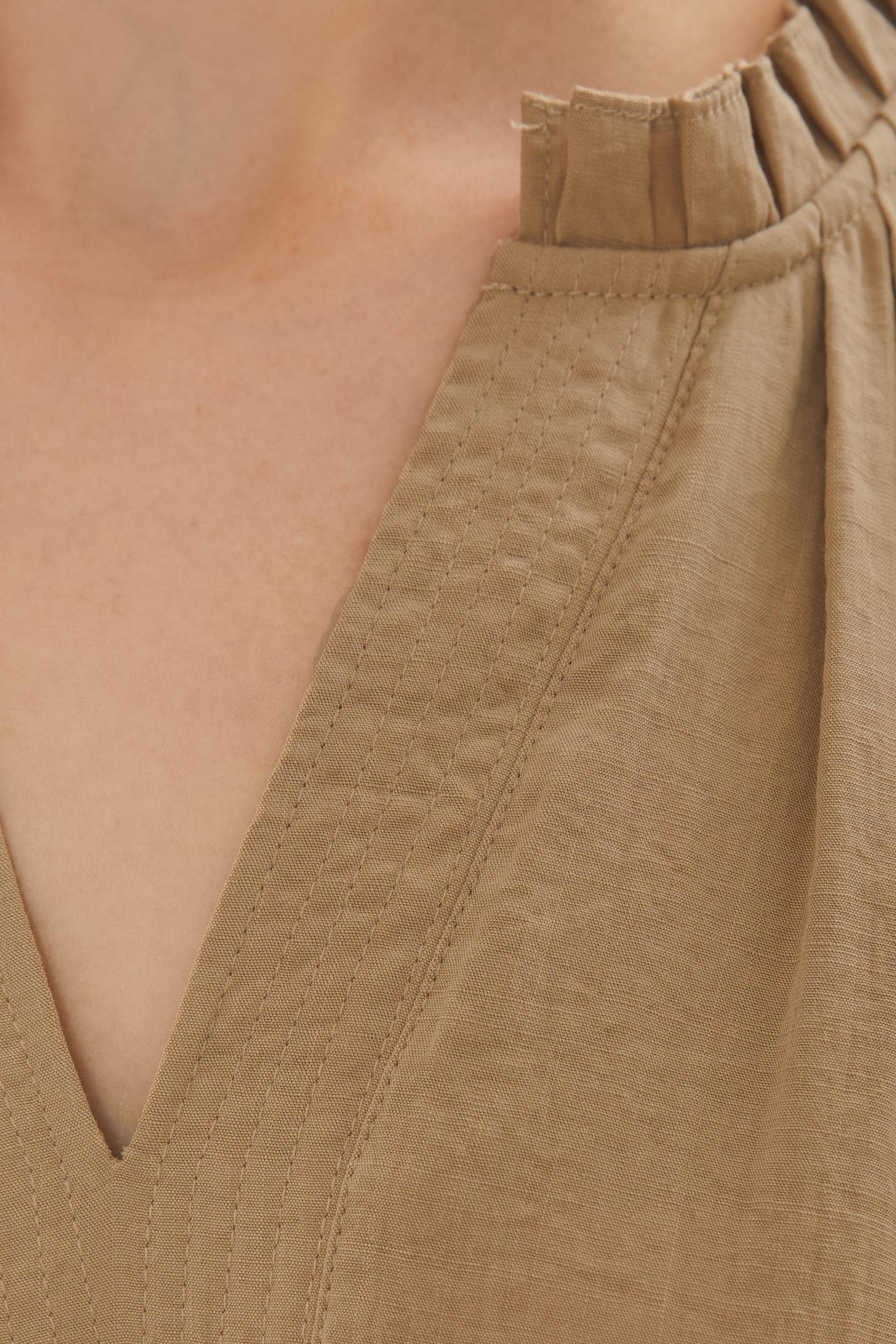 Pleated V Neck Dress in Taupe