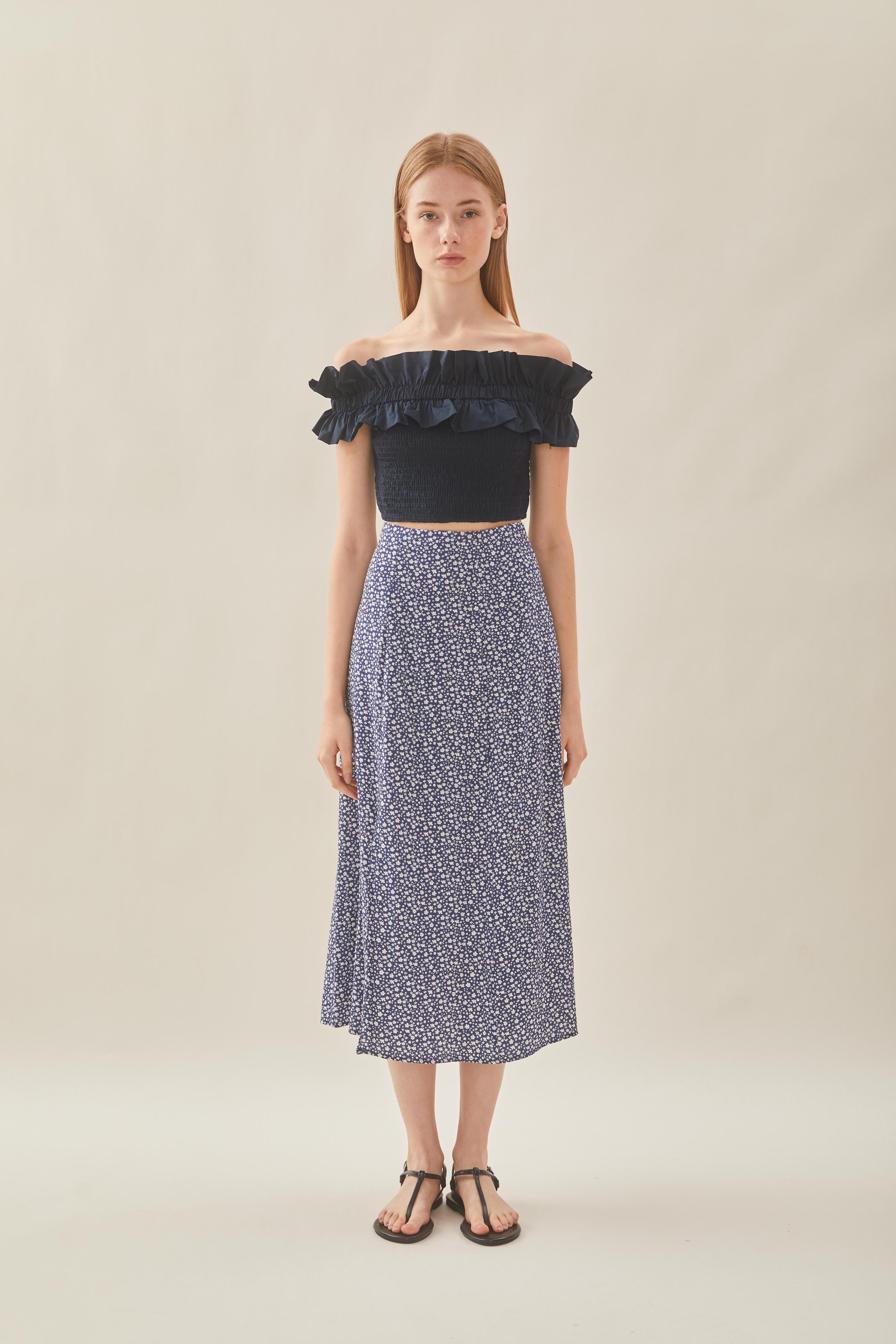 Cotton Blend Skirt with Slit in Moonlight Bloom