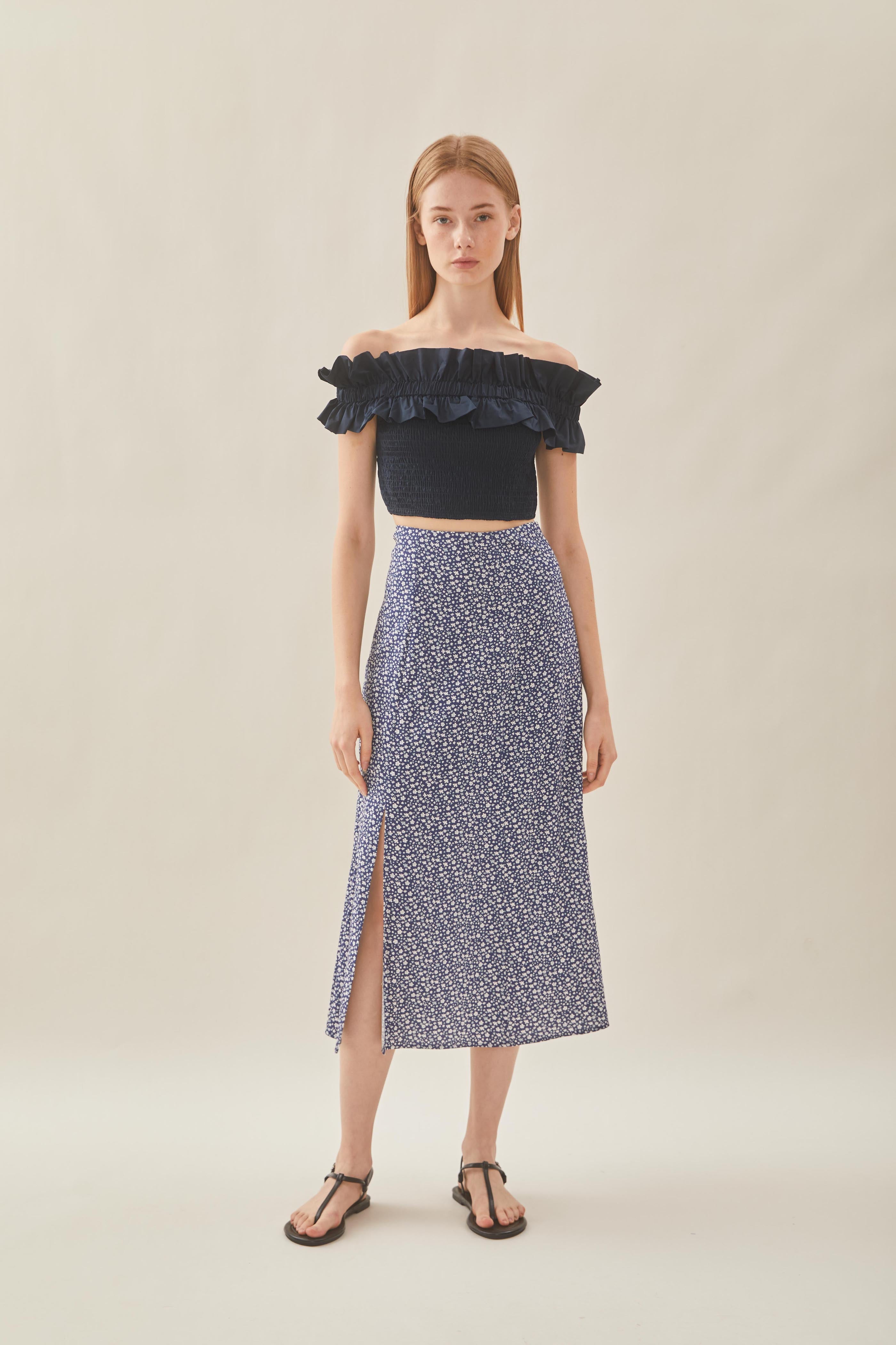 Cotton Blend Skirt with Slit in Moonlight Bloom