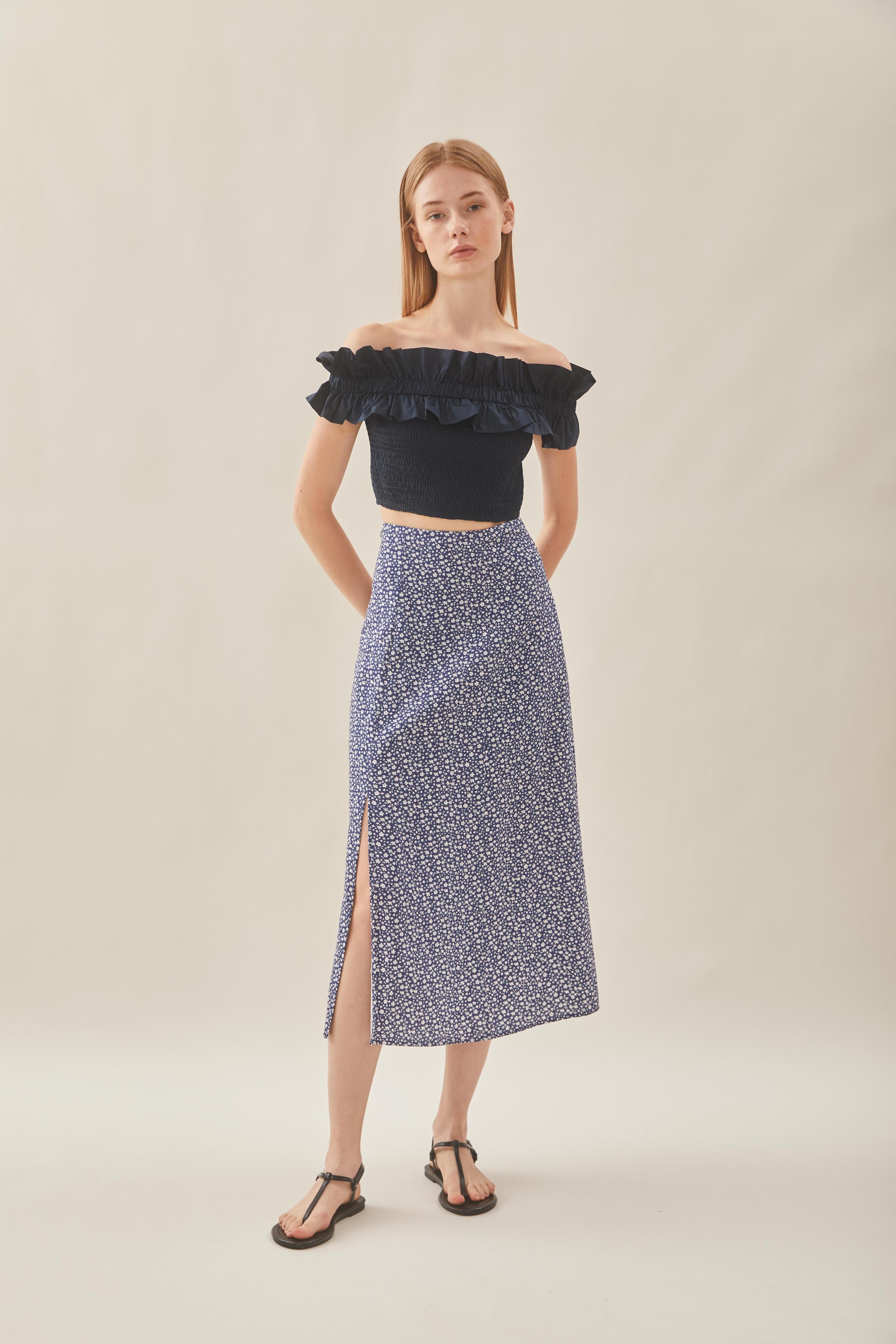 Cotton Blend Skirt with Slit in Moonlight Bloom