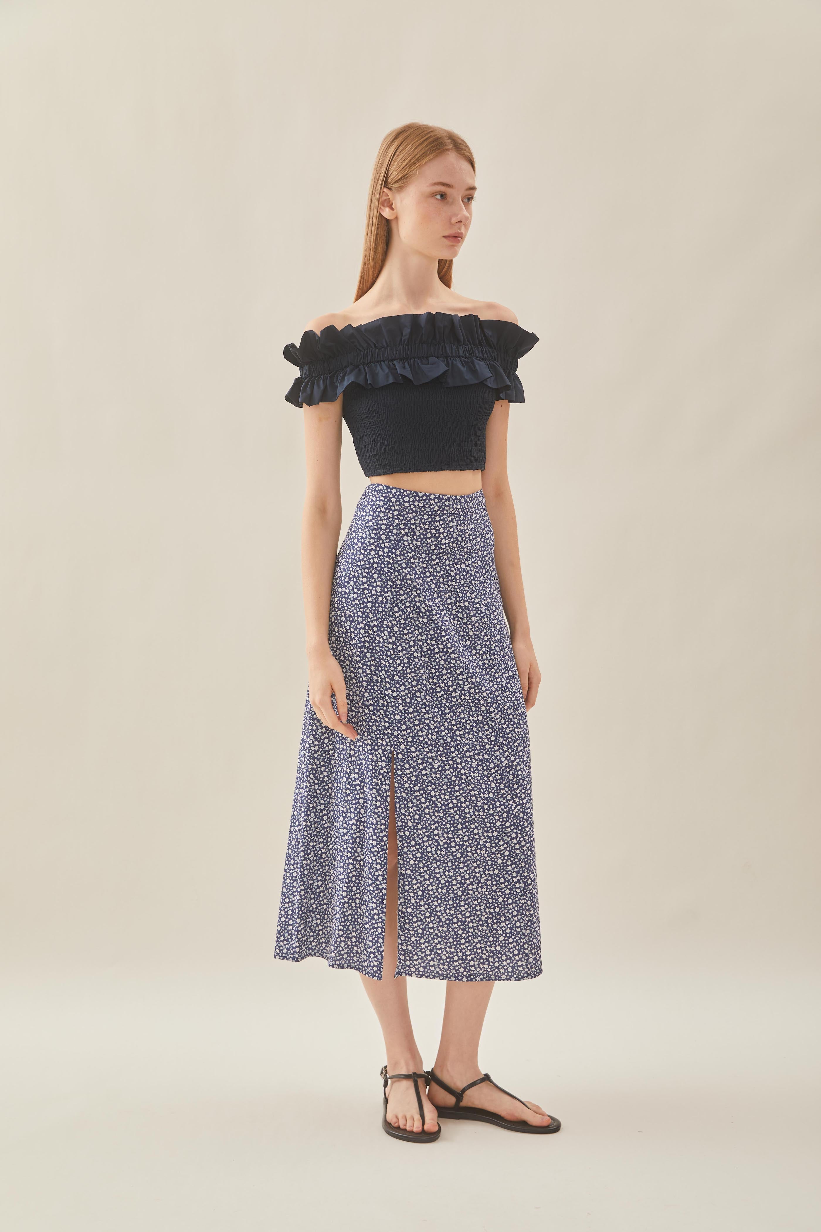 Cotton Blend Skirt with Slit in Moonlight Bloom