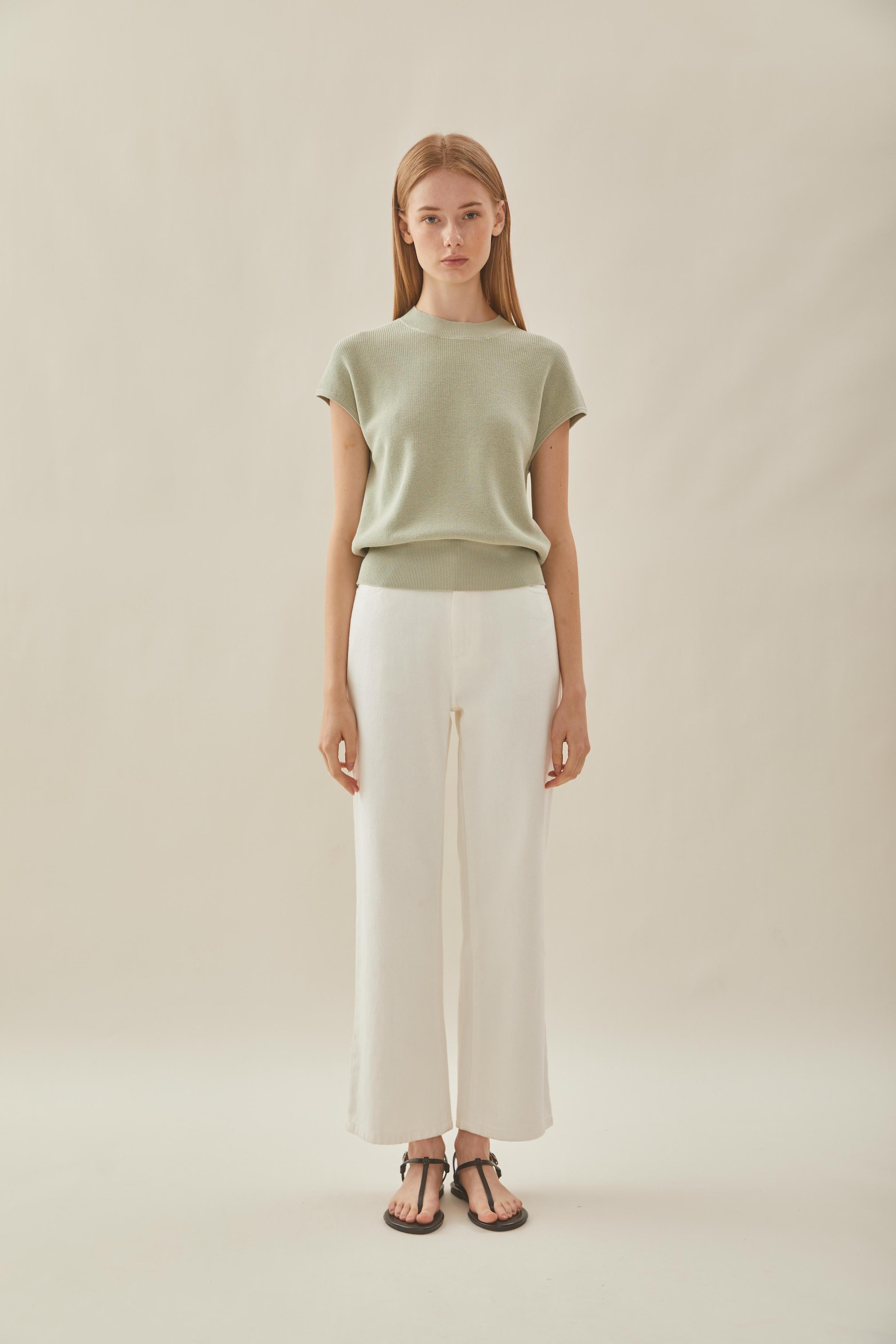 High Neck Cap Sleeve Top in Sea Mist