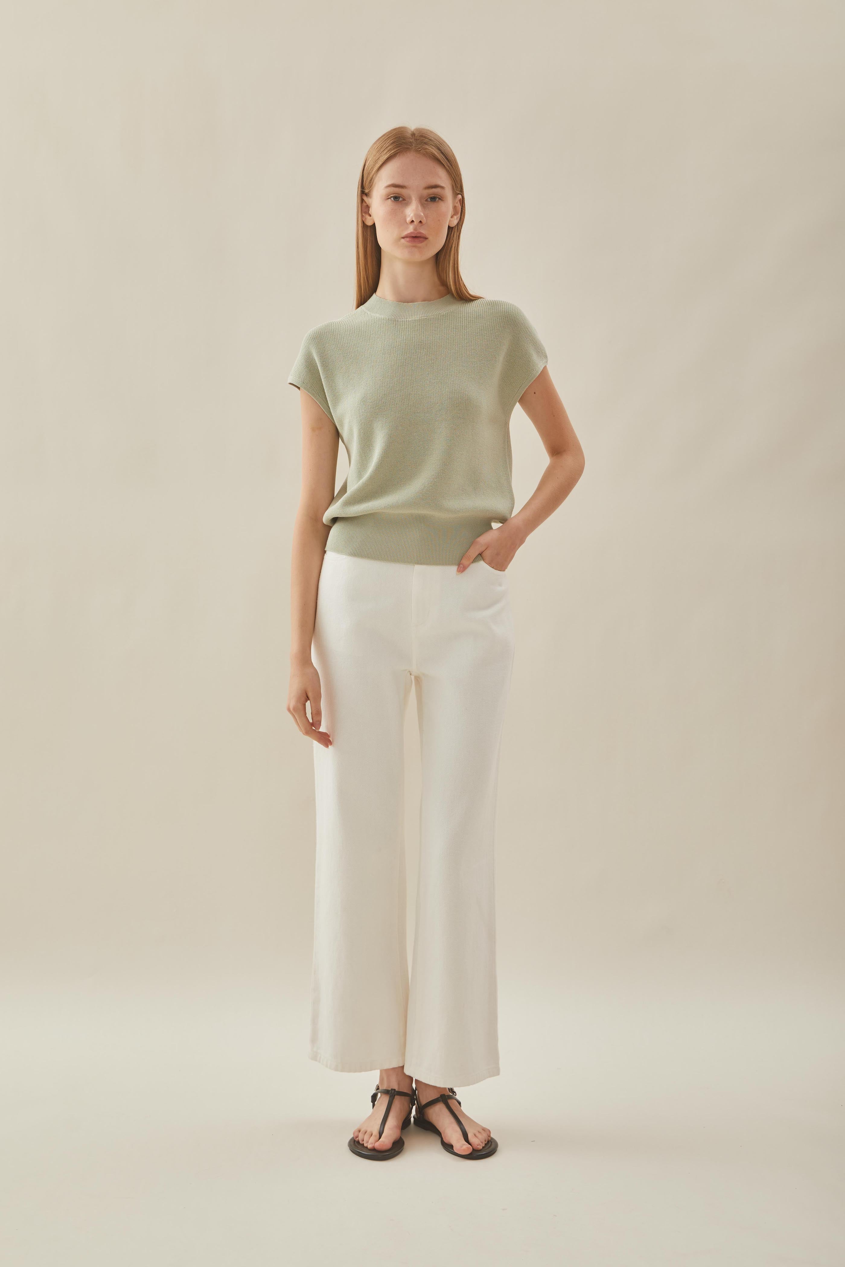 High Neck Cap Sleeve Top in Sea Mist