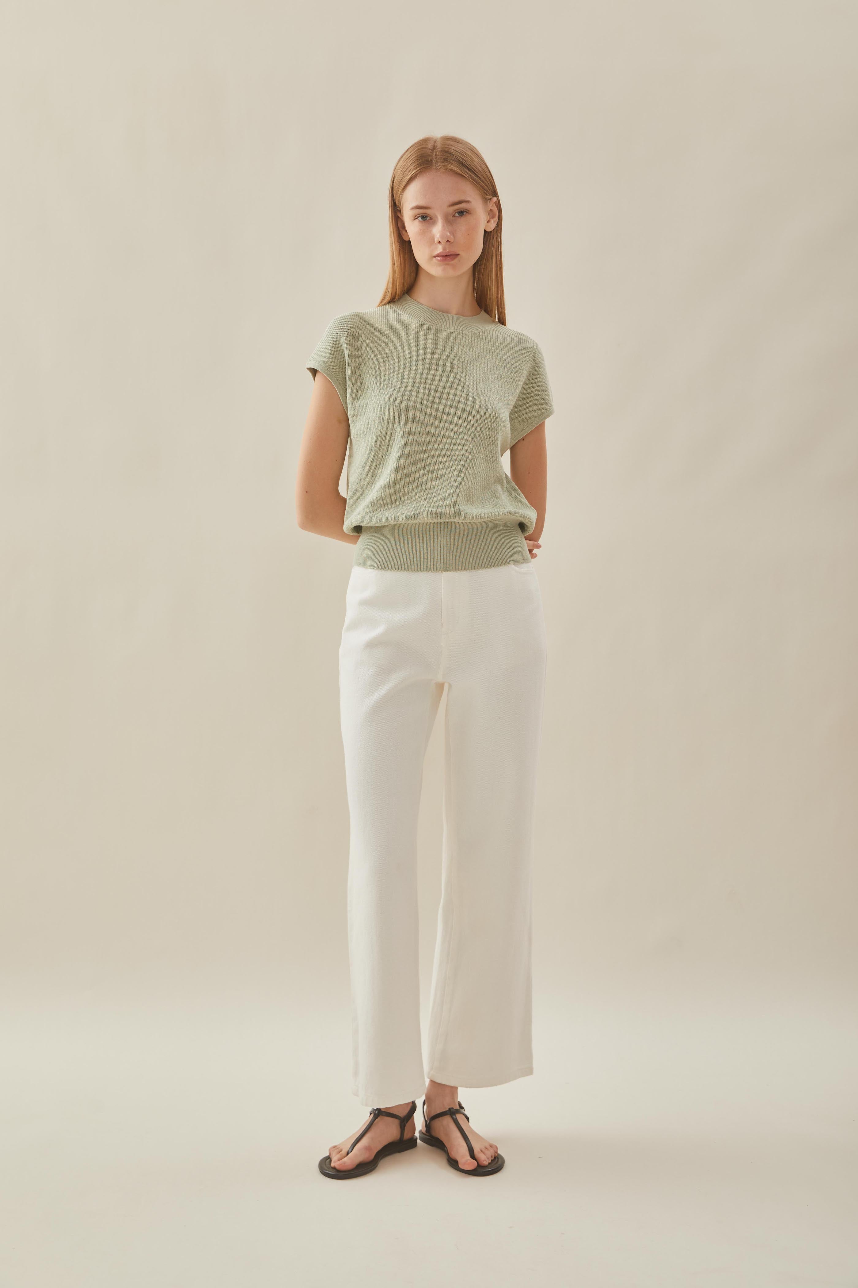 High Neck Cap Sleeve Top in Sea Mist