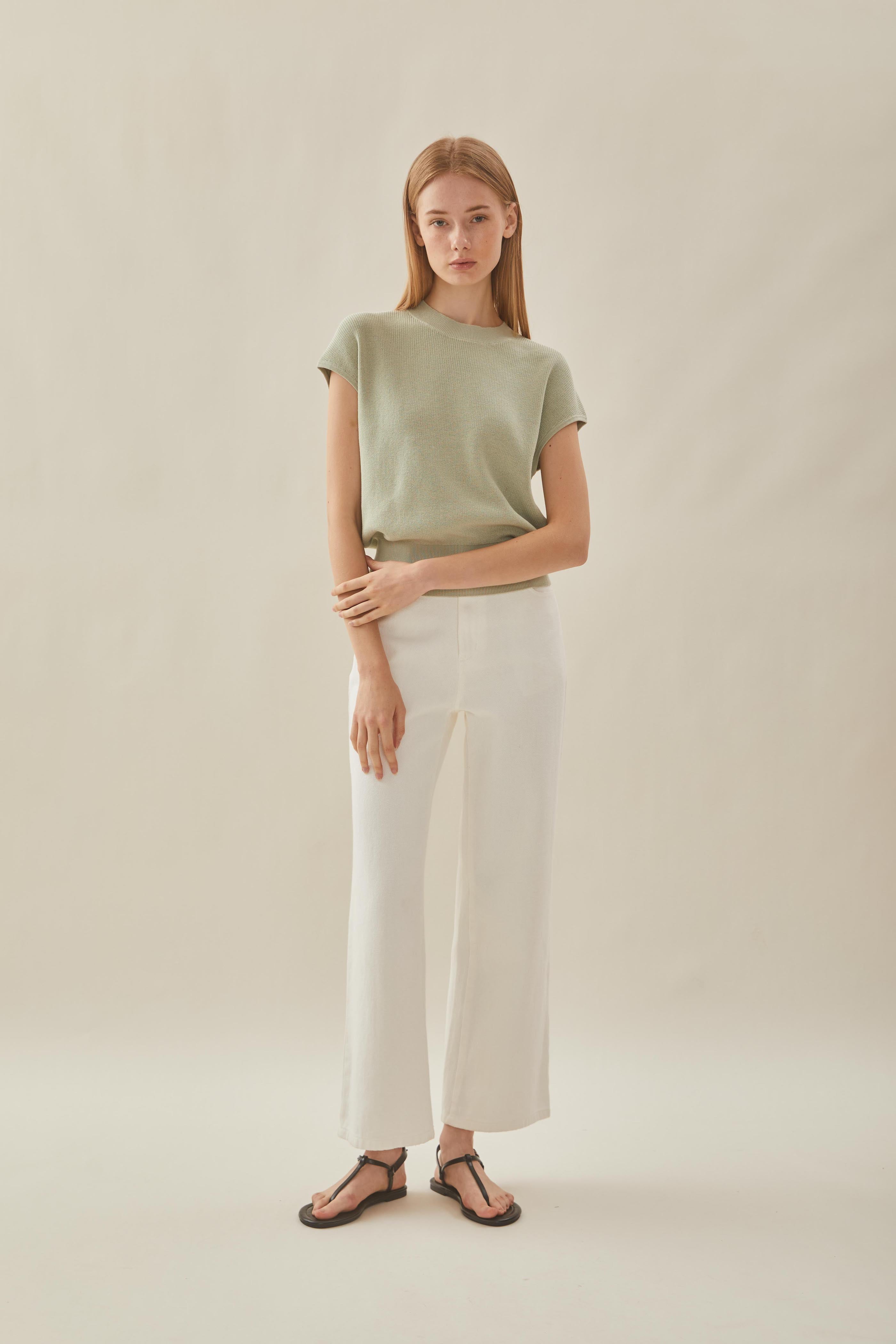 High Neck Cap Sleeve Top in Sea Mist