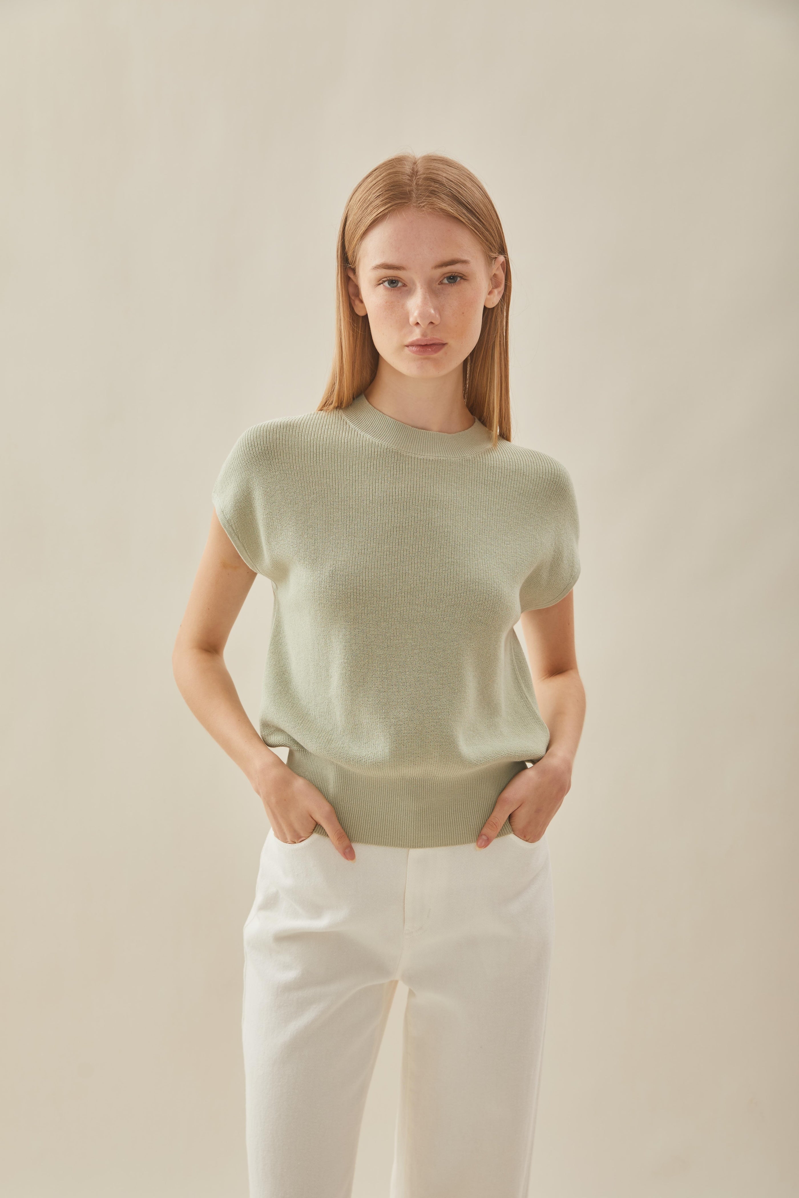 High Neck Cap Sleeve Top in Sea Mist