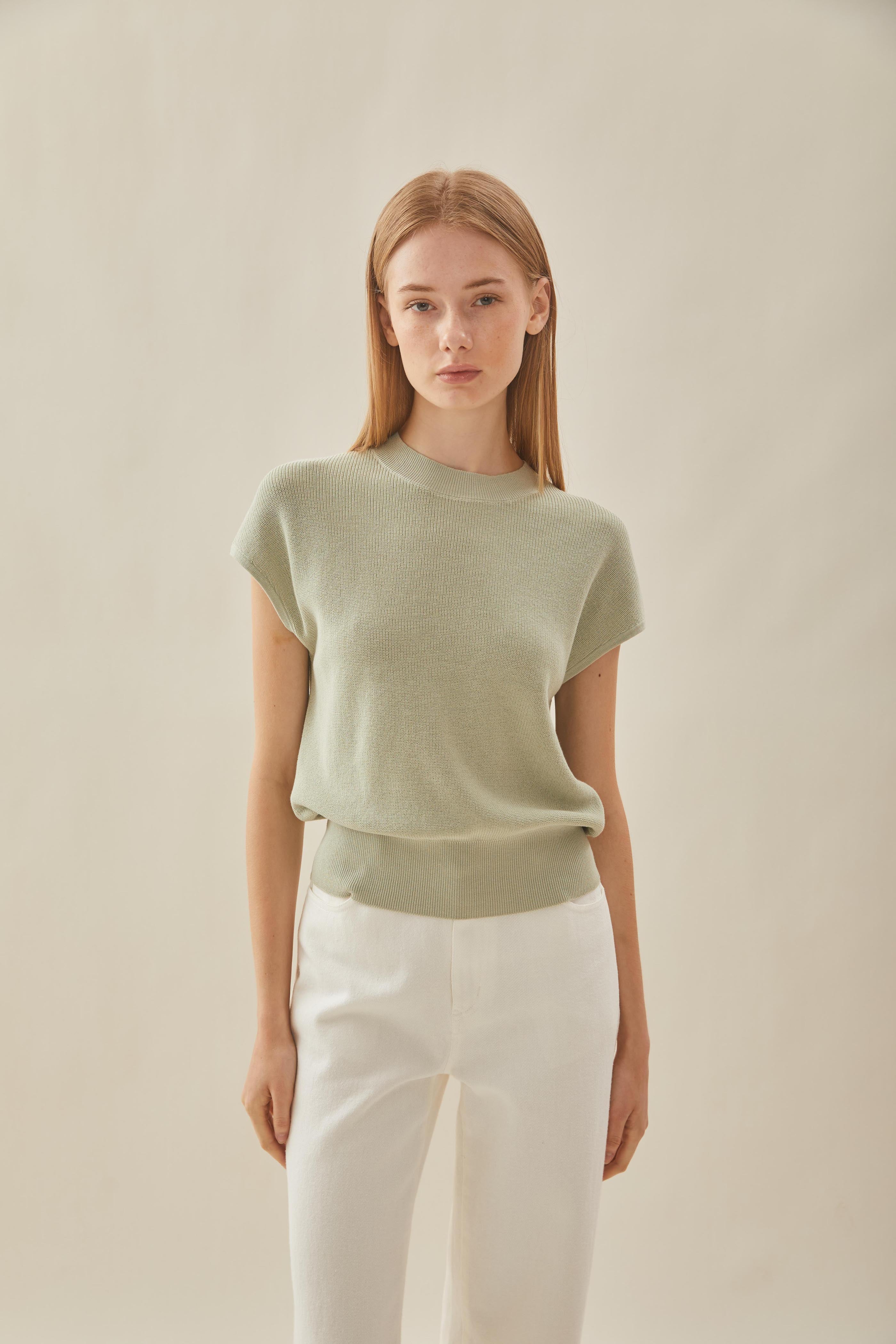 High Neck Cap Sleeve Top in Sea Mist