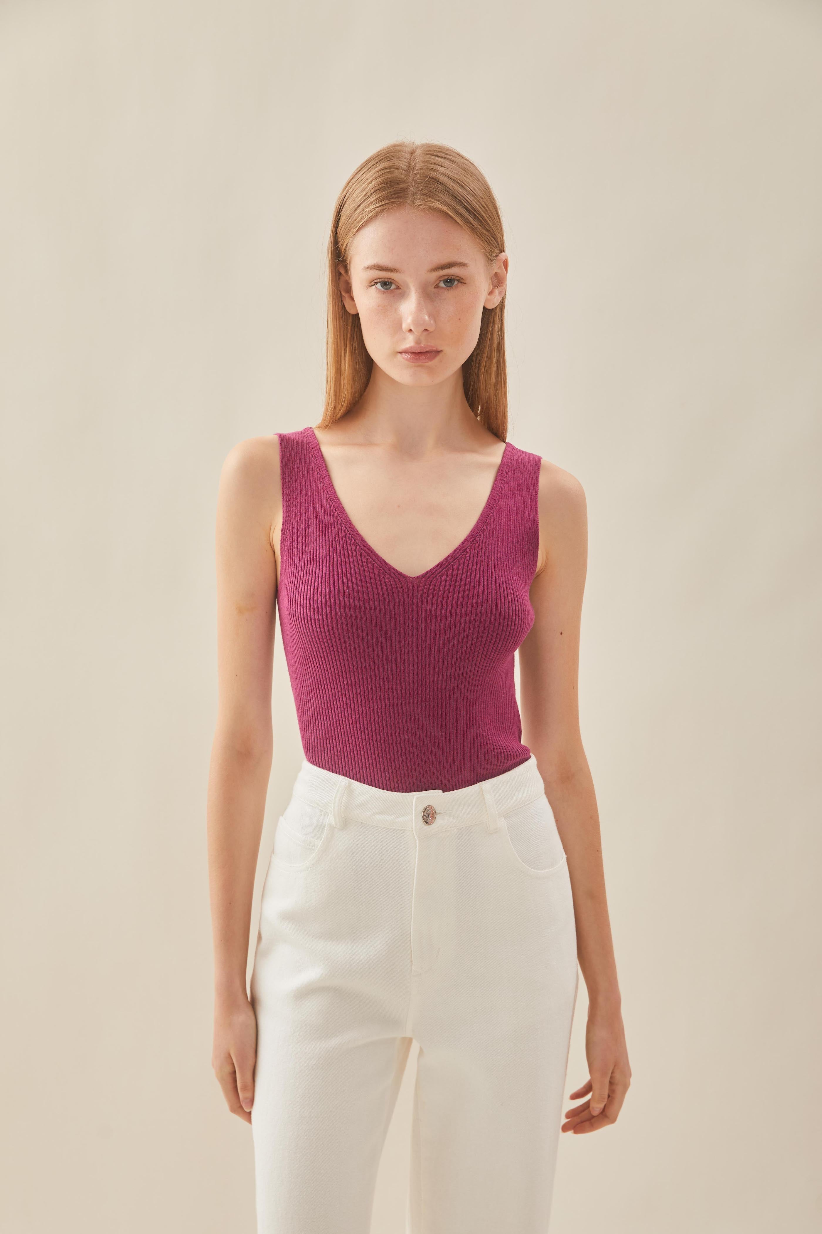 V Neck Knit Tank in Beetroot