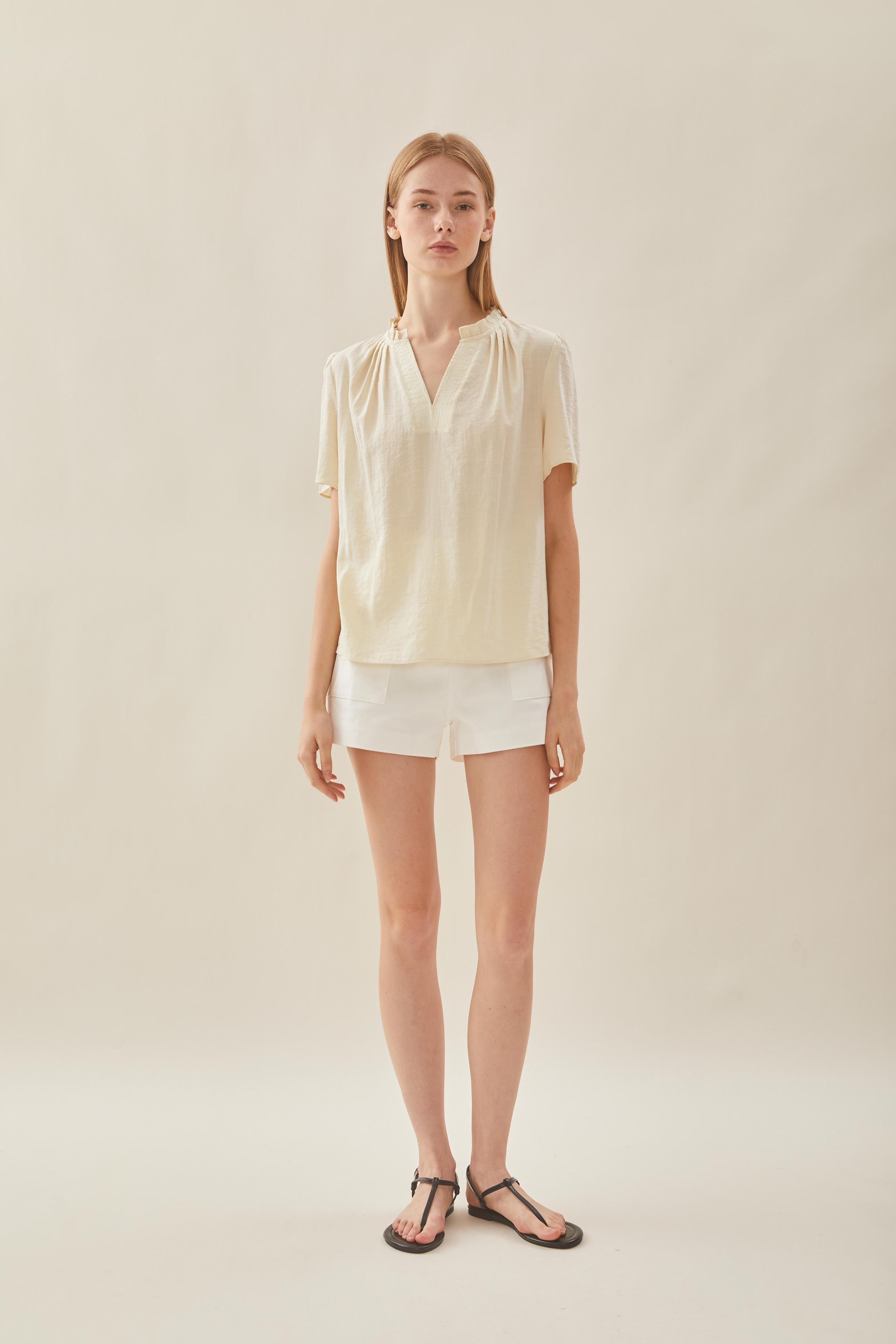 Pleated V Neck Blouse in Natural