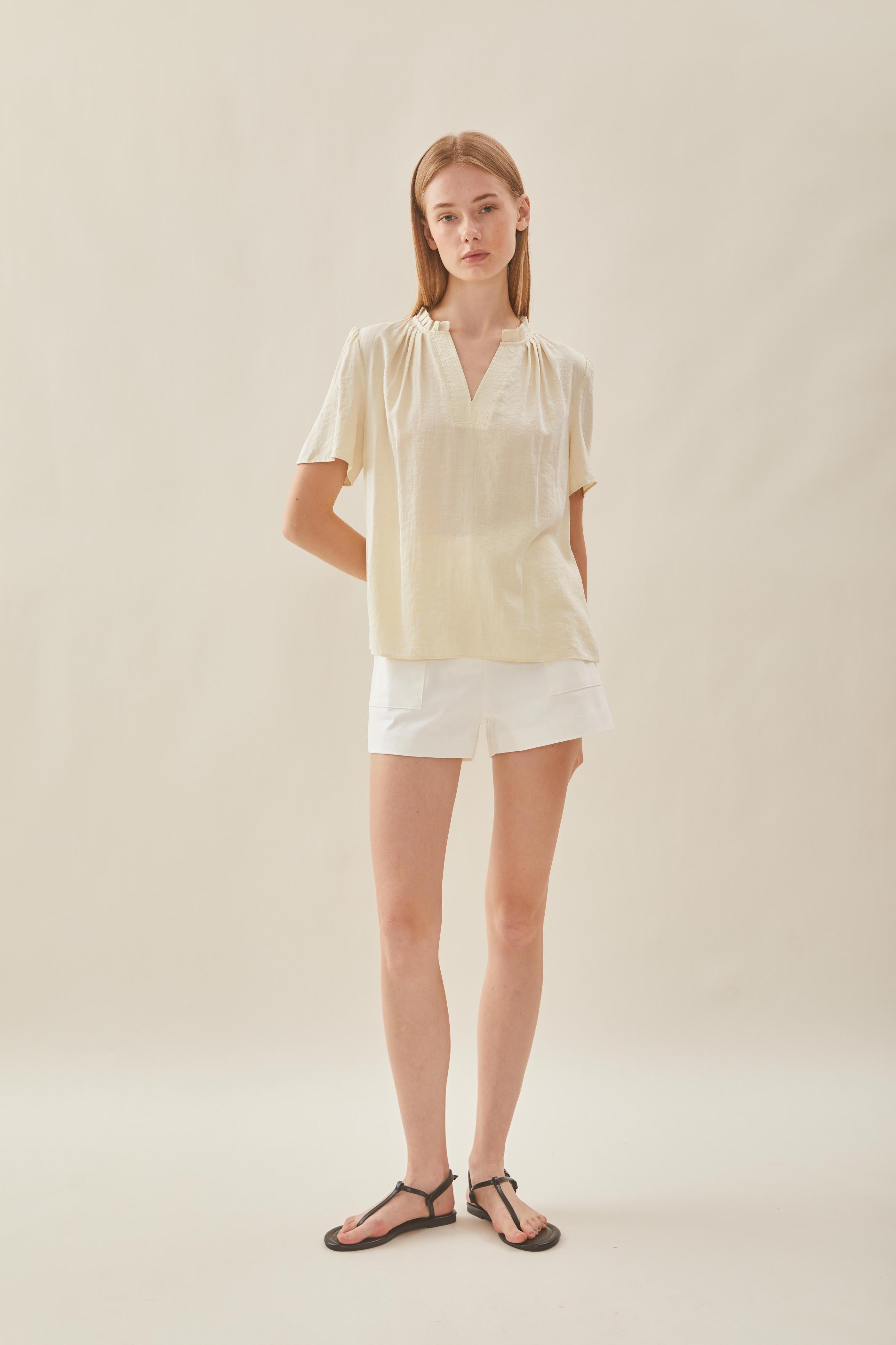 Pleated V Neck Blouse in Natural