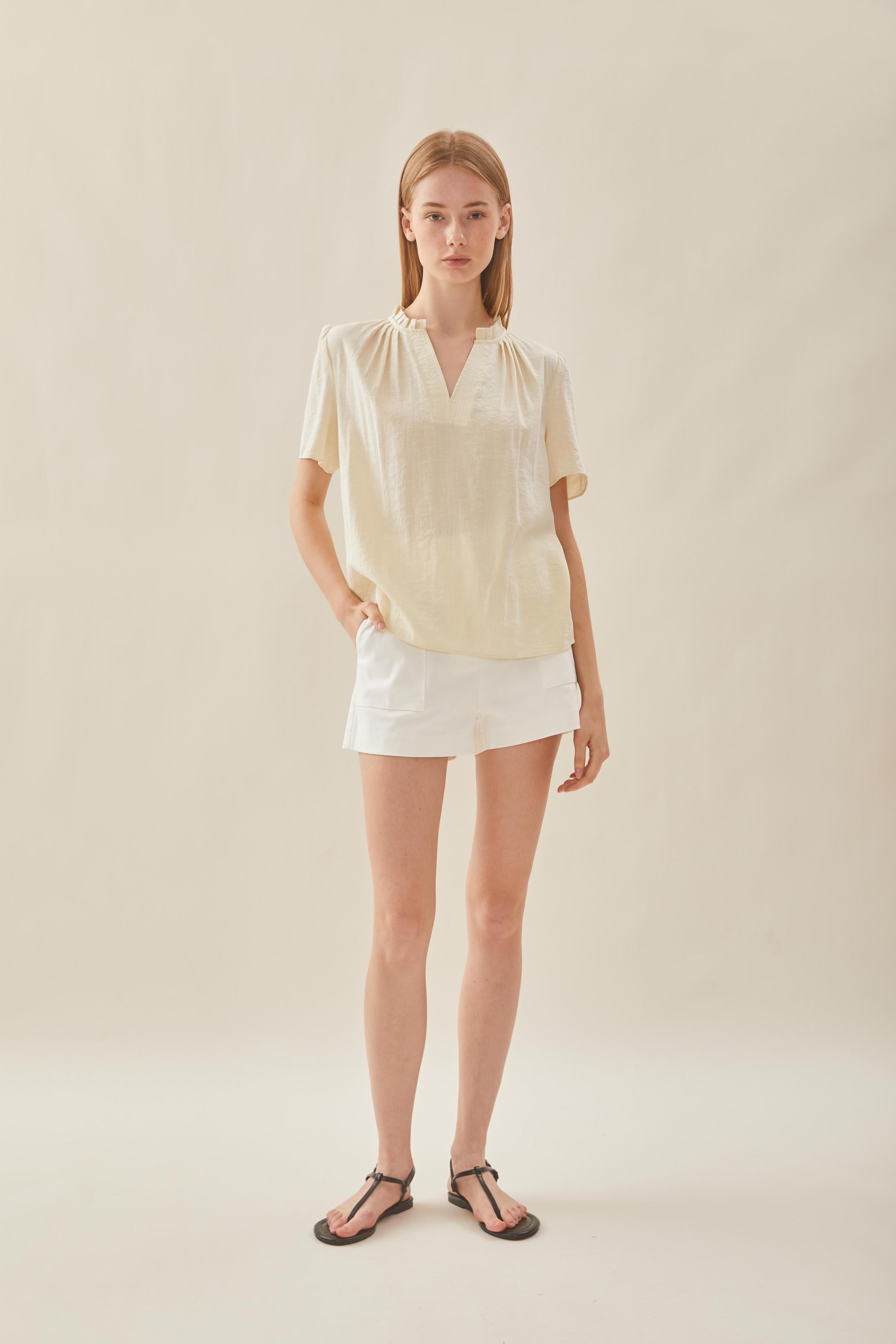 Pleated V Neck Blouse in Natural
