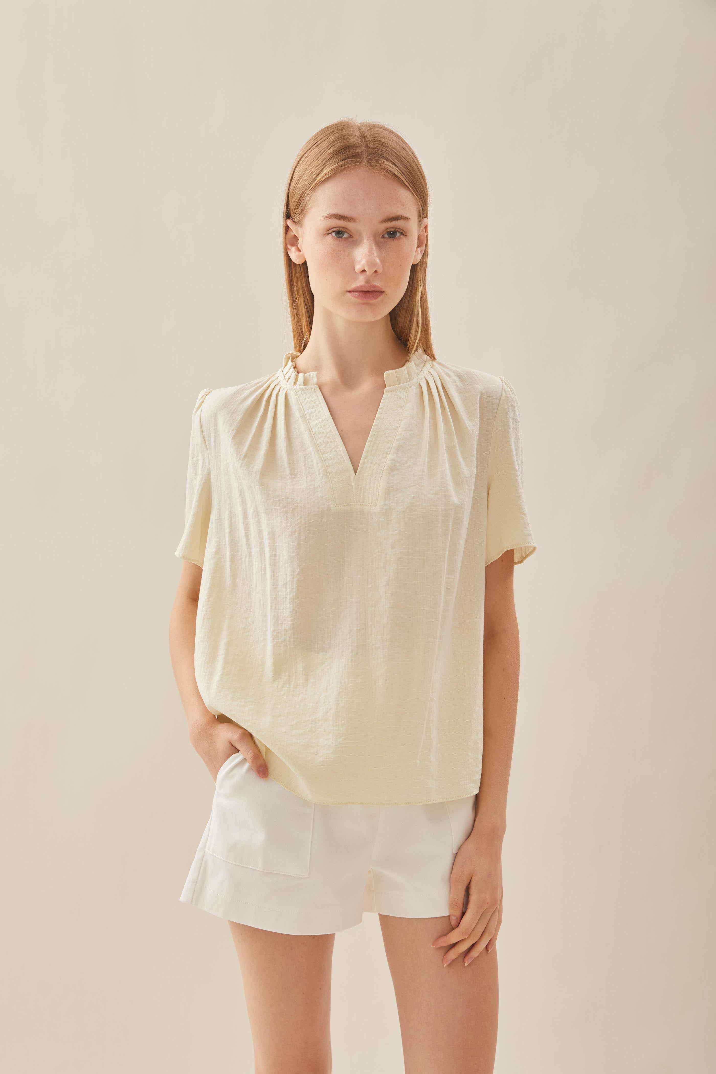 Pleated V Neck Blouse in Natural