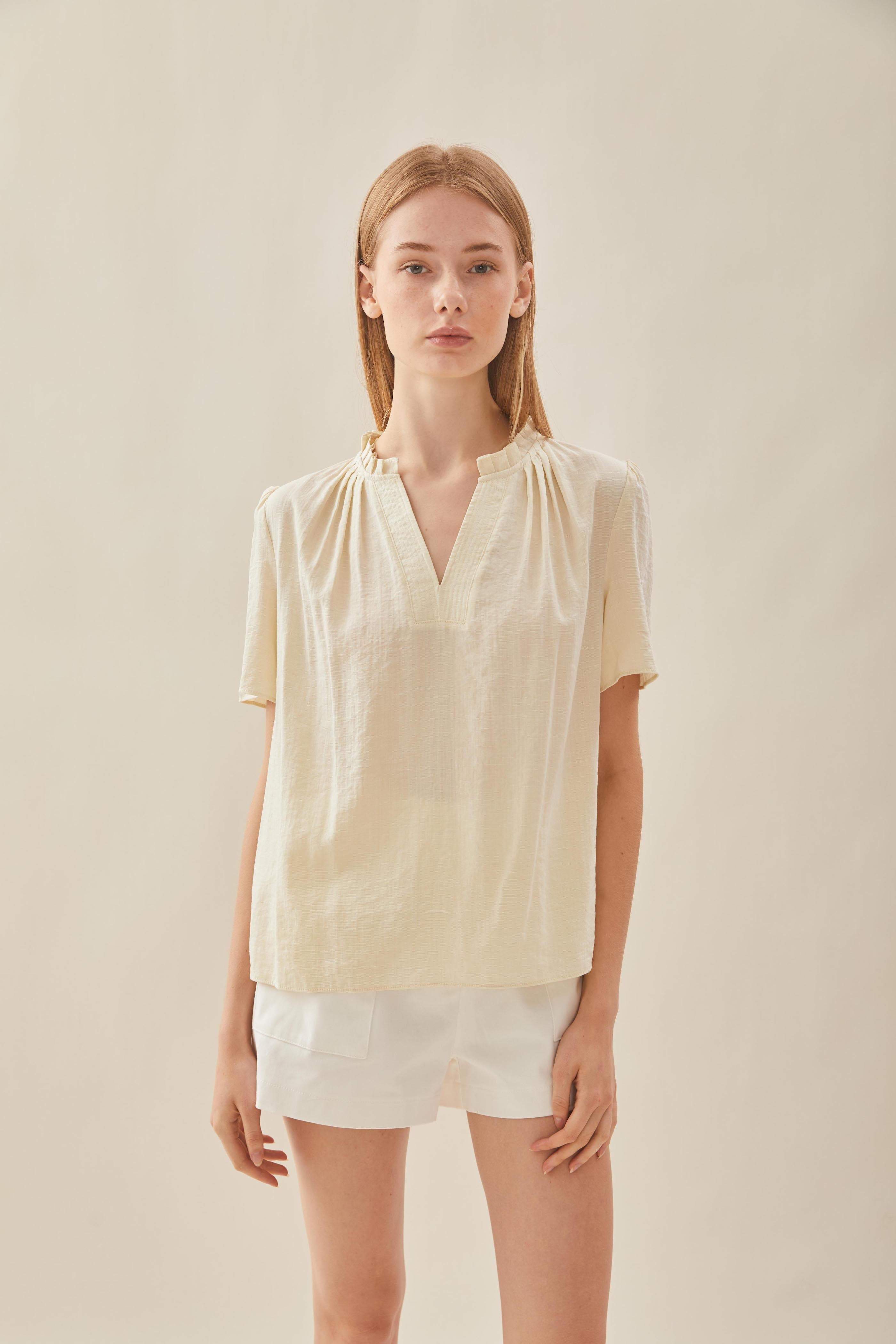 Pleated V Neck Blouse in Natural