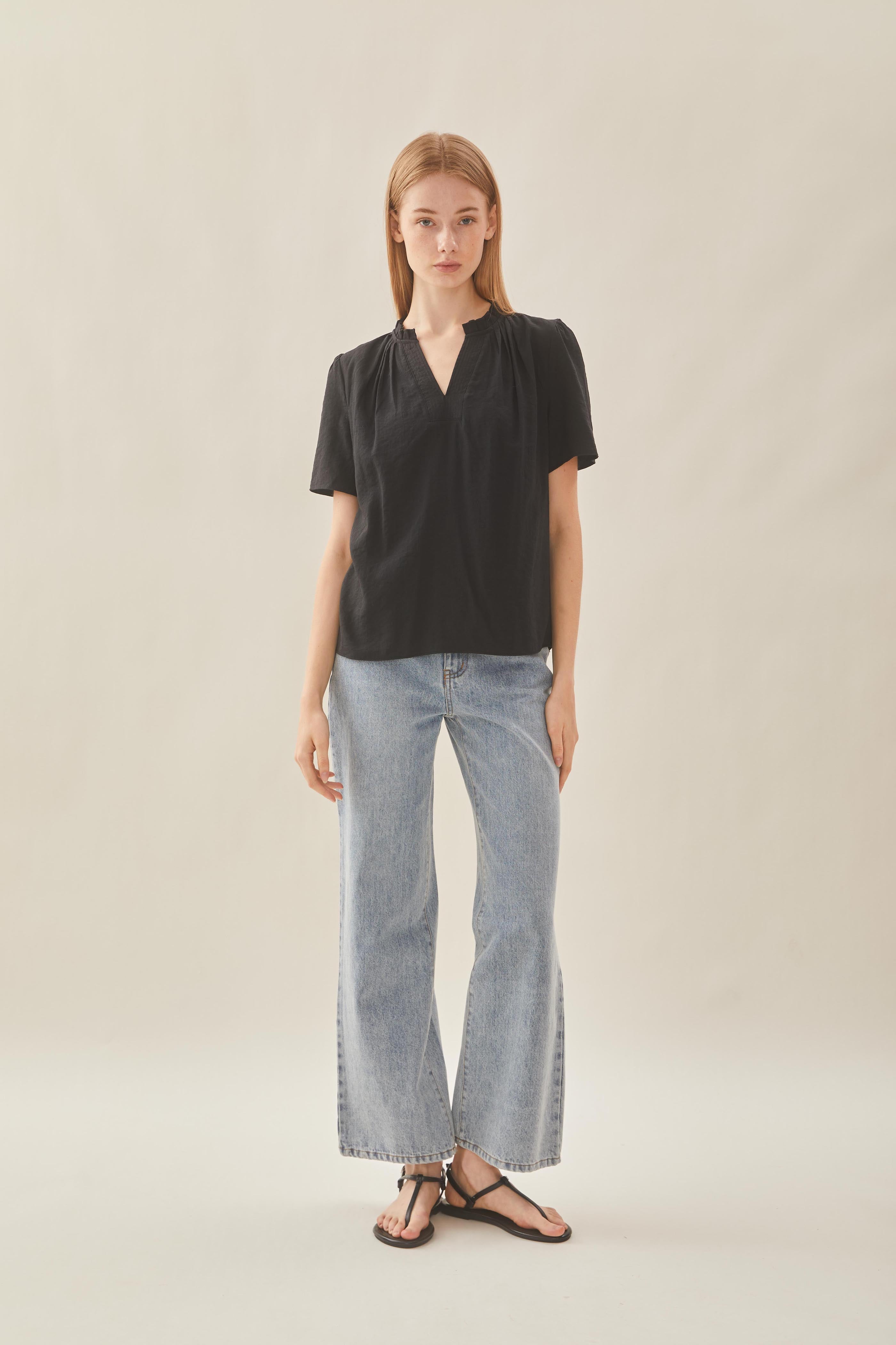 Pleated V Neck Blouse in Black