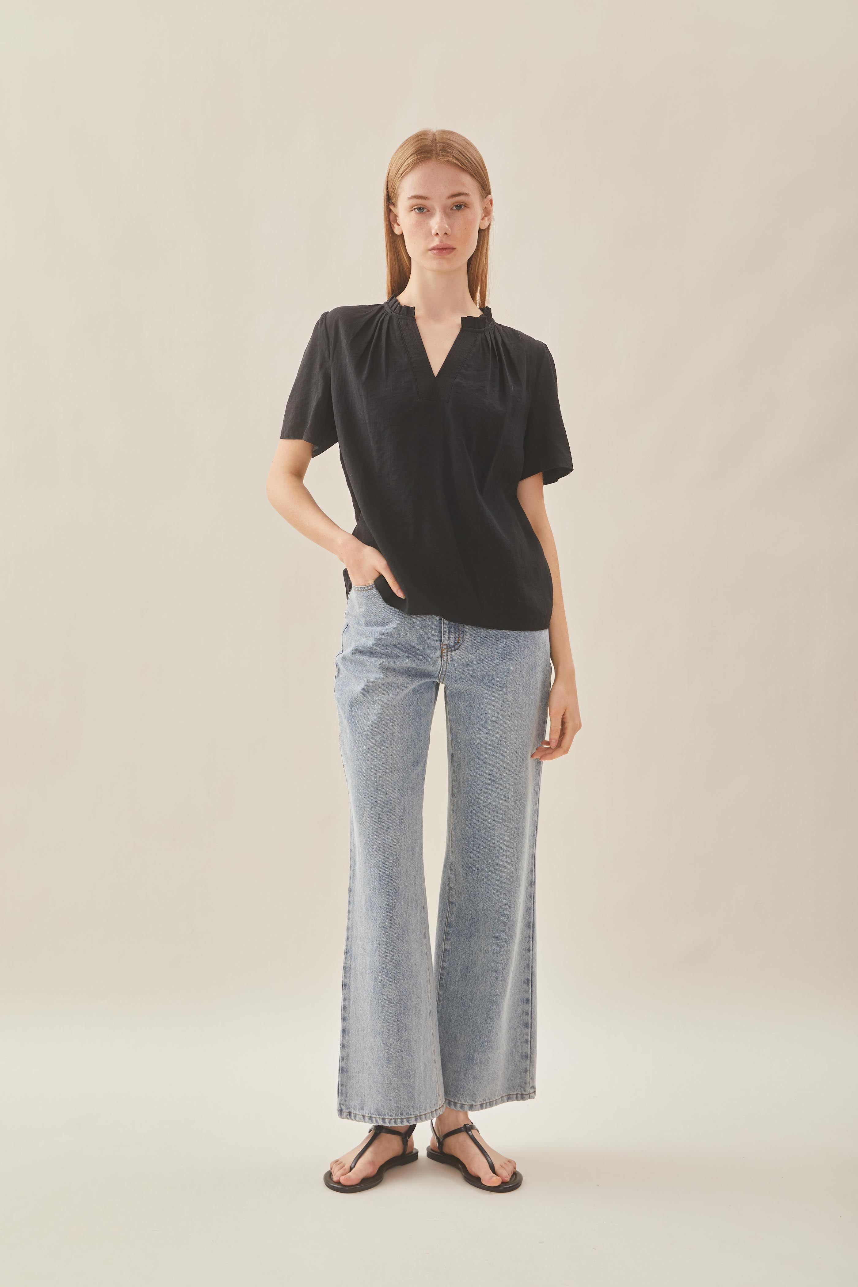 Pleated V Neck Blouse in Black