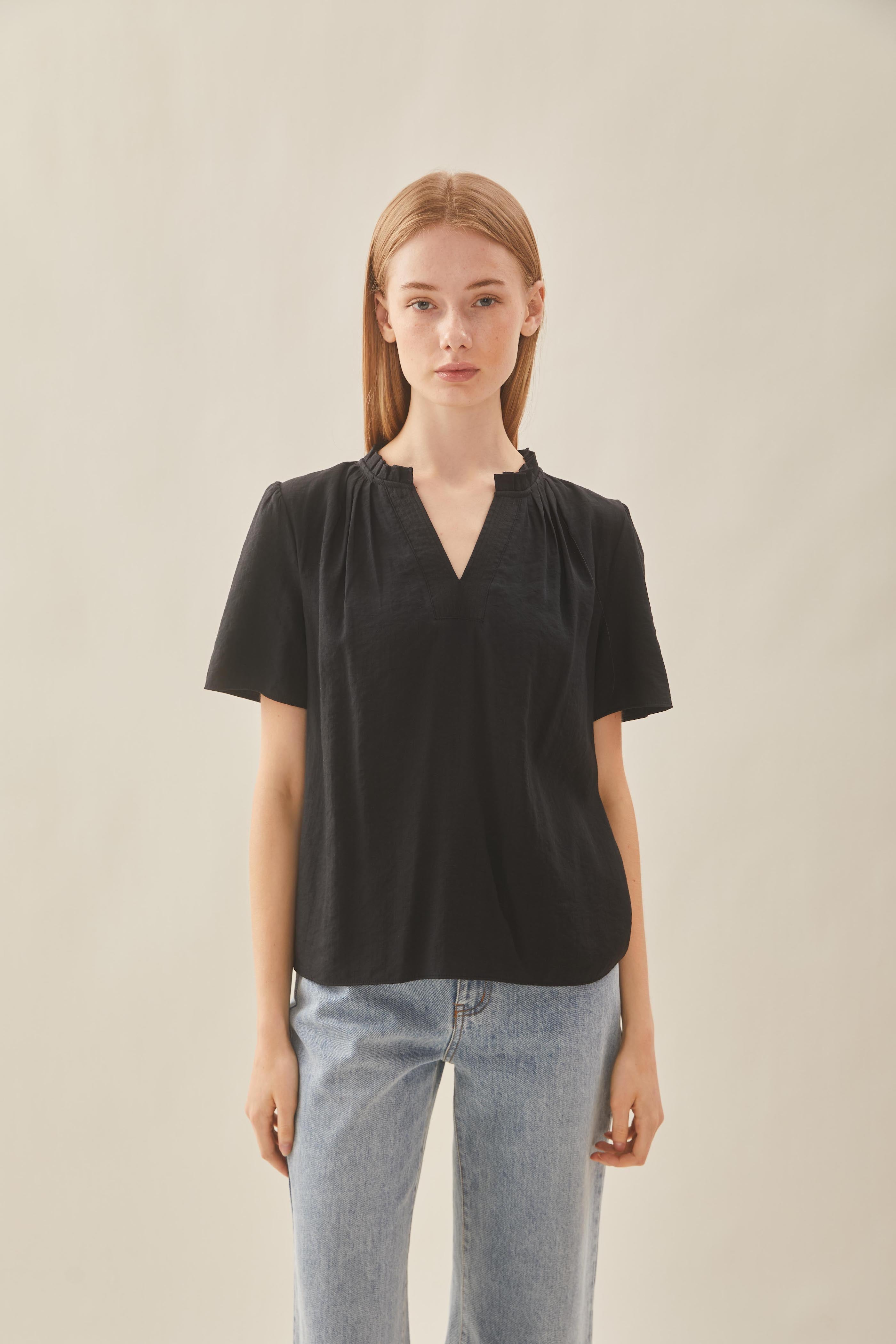 Pleated V Neck Blouse in Black