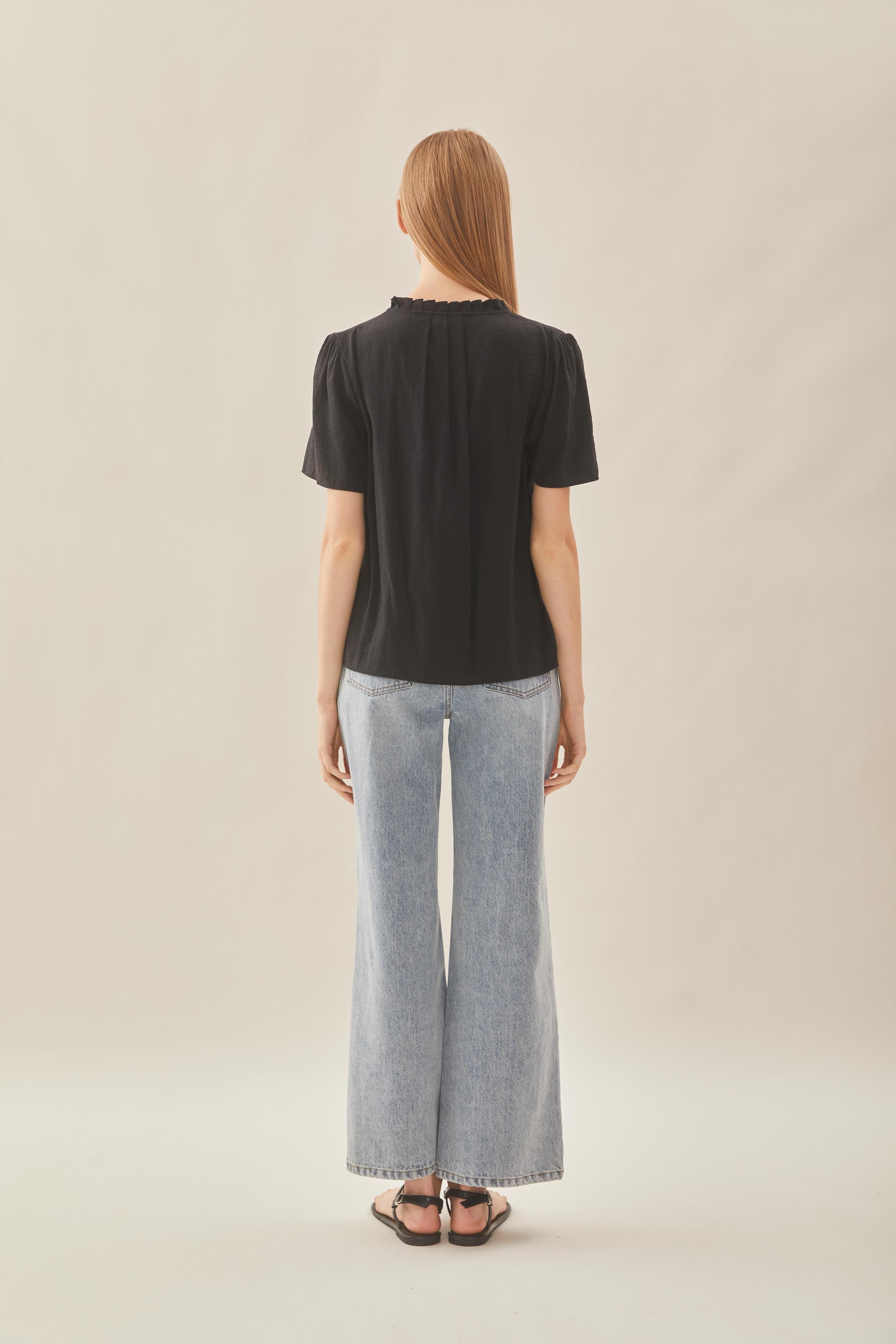 Pleated V Neck Blouse in Black