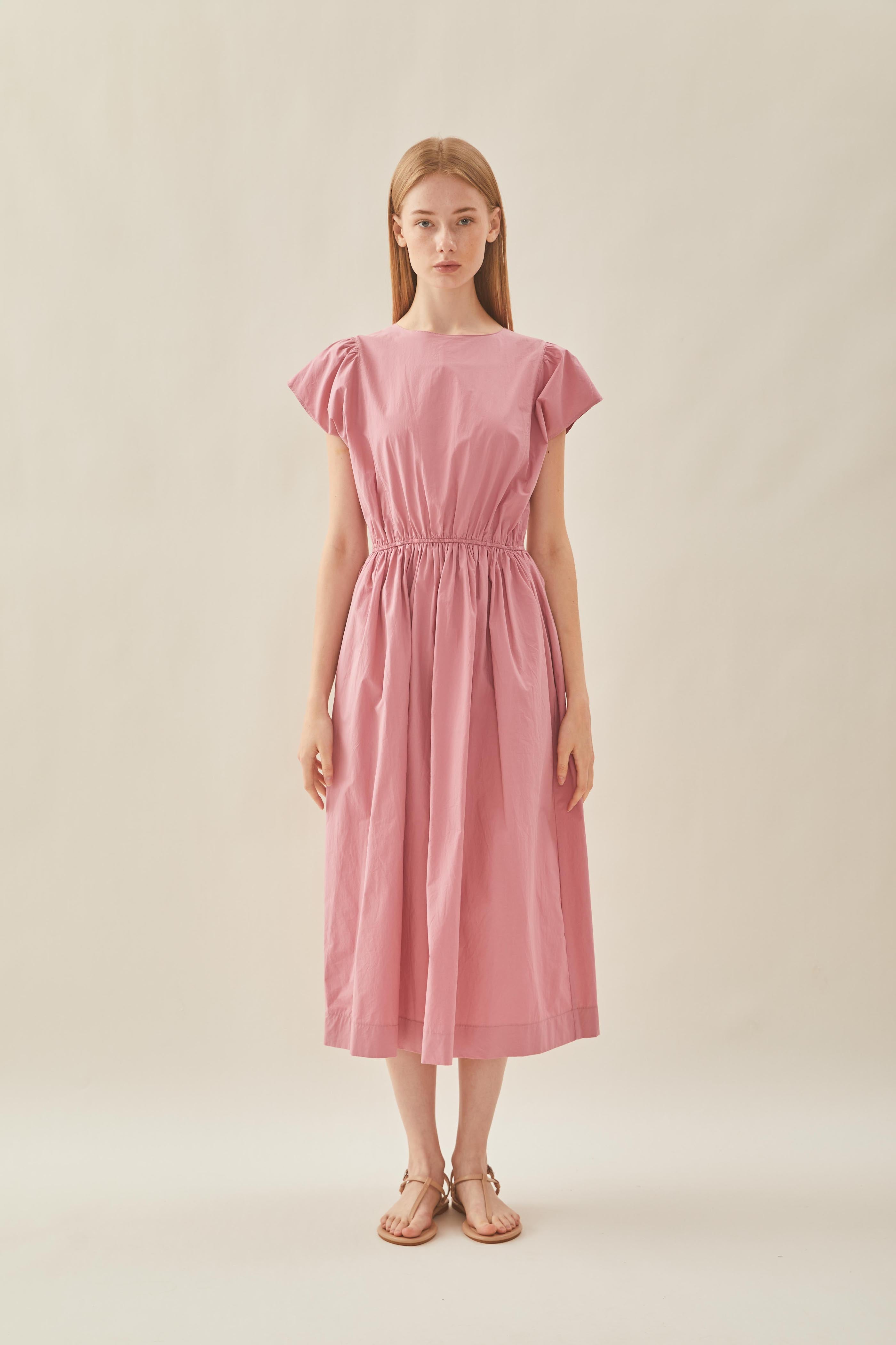 Cotton Gathered Waist Dress in Tea Rose