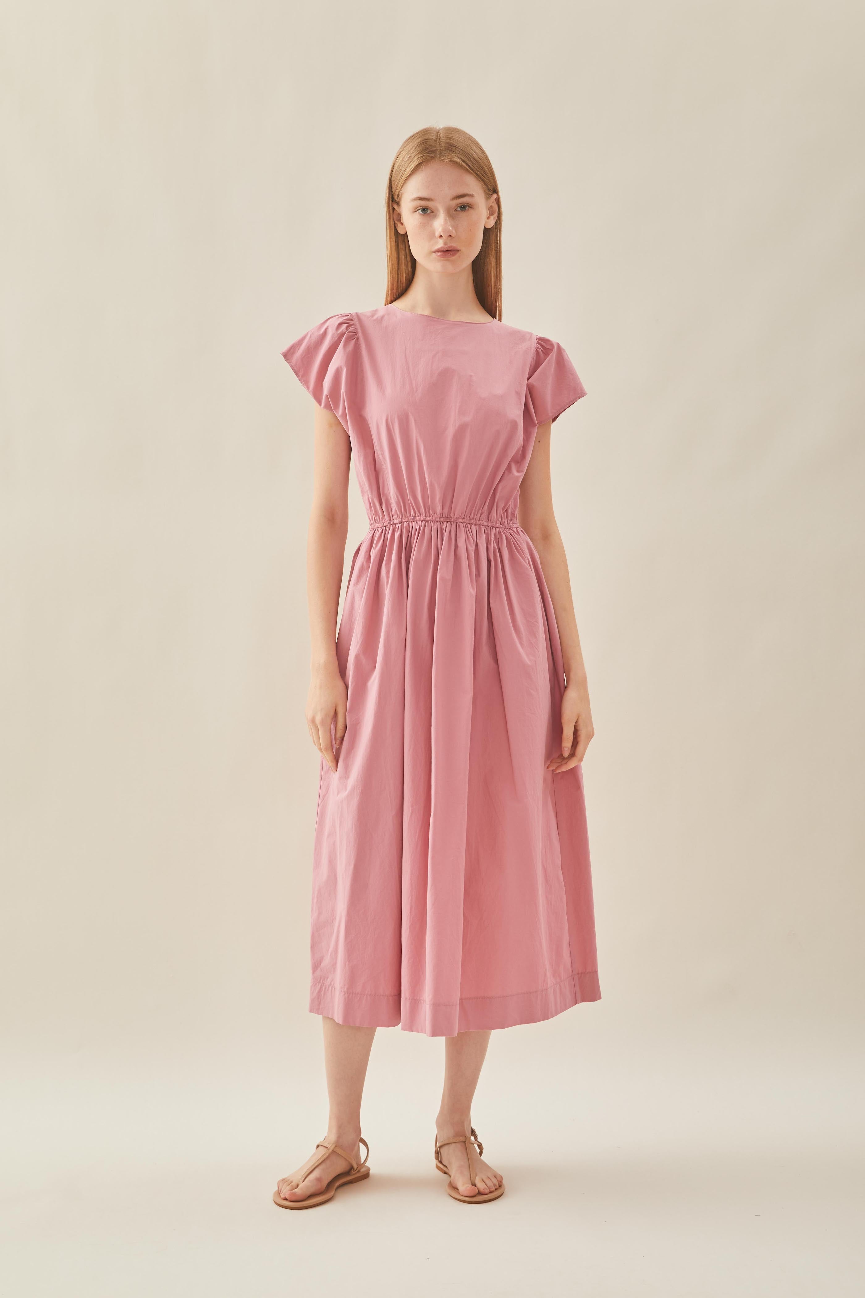 Cotton Gathered Waist Dress in Tea Rose