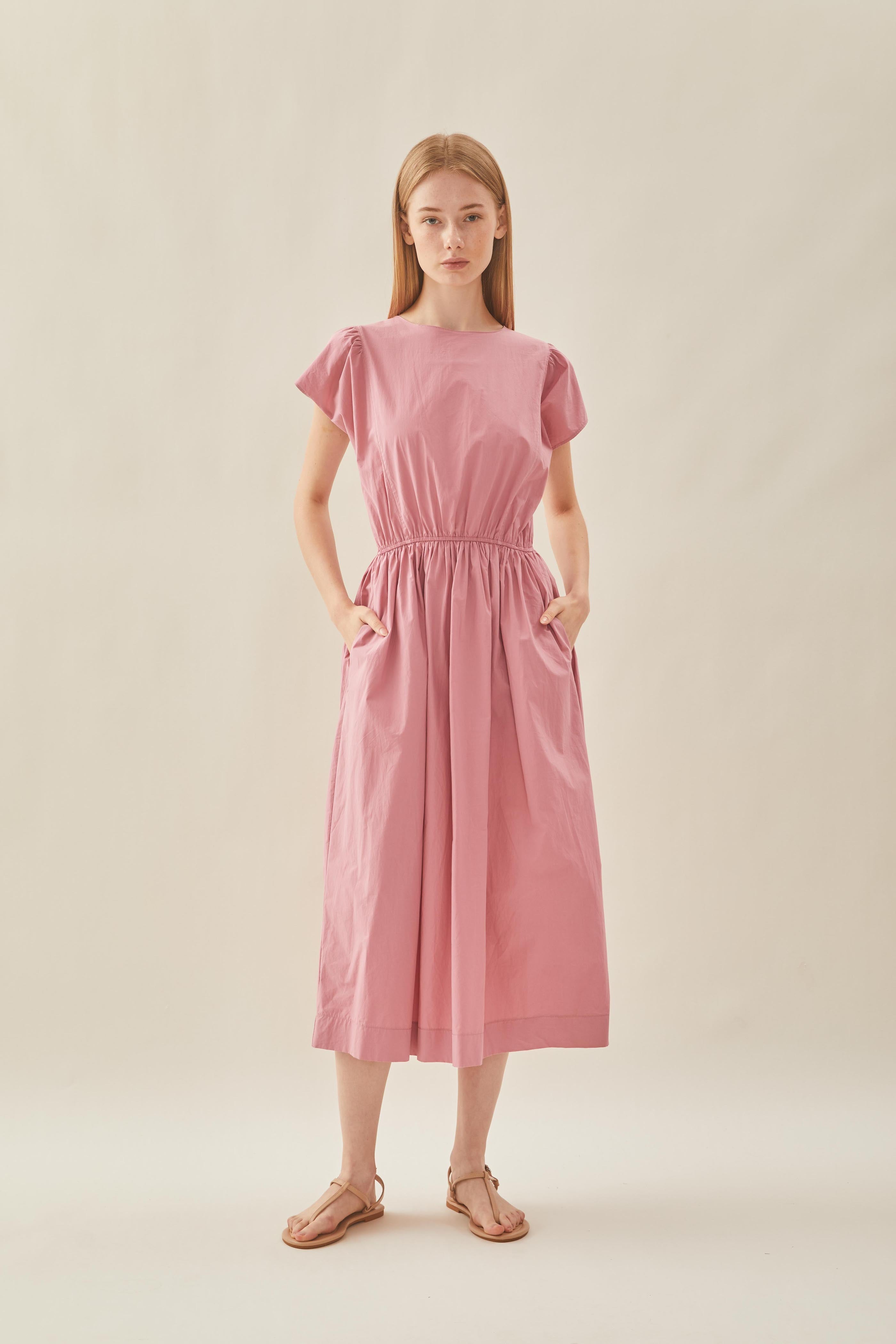 Cotton Gathered Waist Dress in Tea Rose