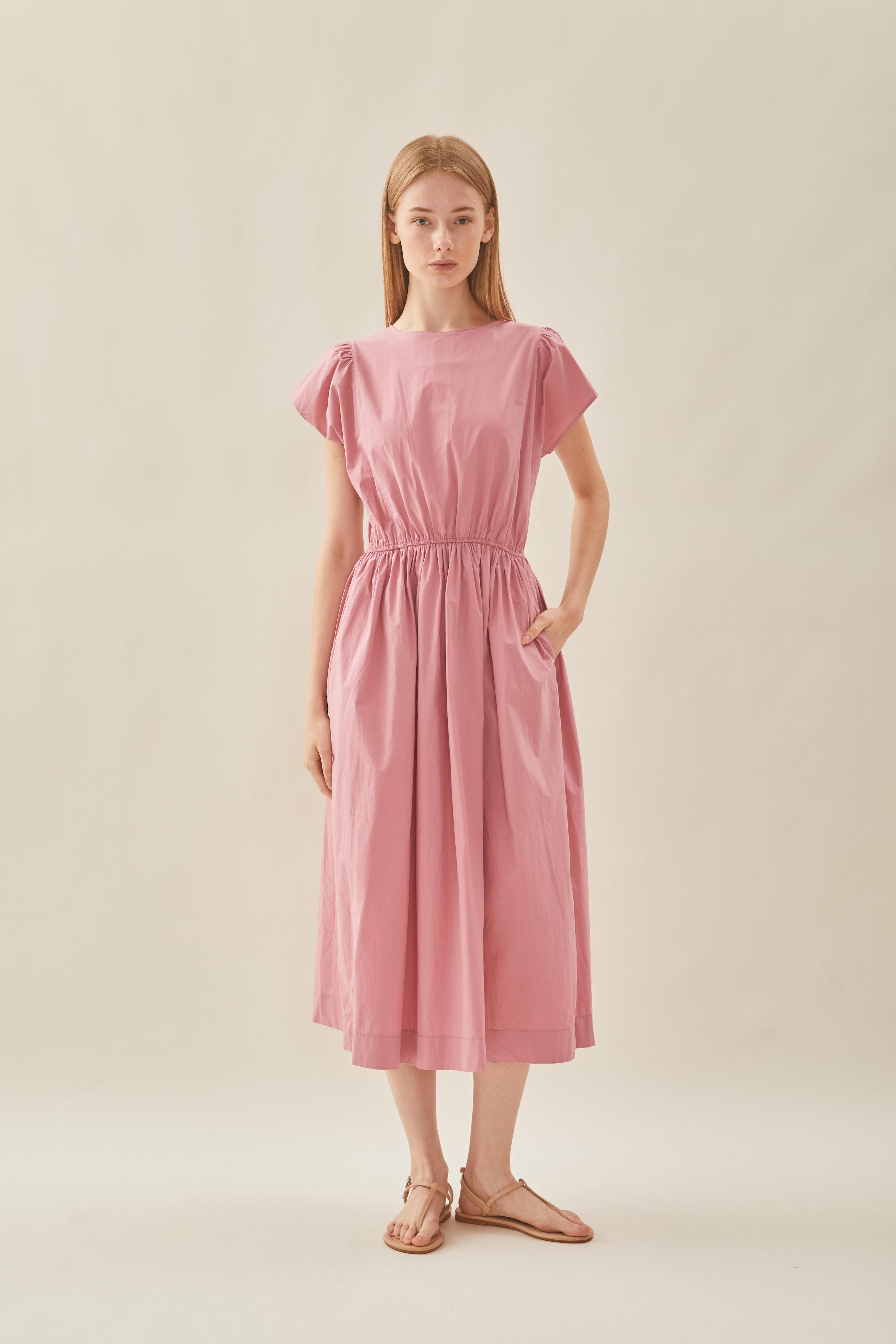 Cotton Gathered Waist Dress in Tea Rose