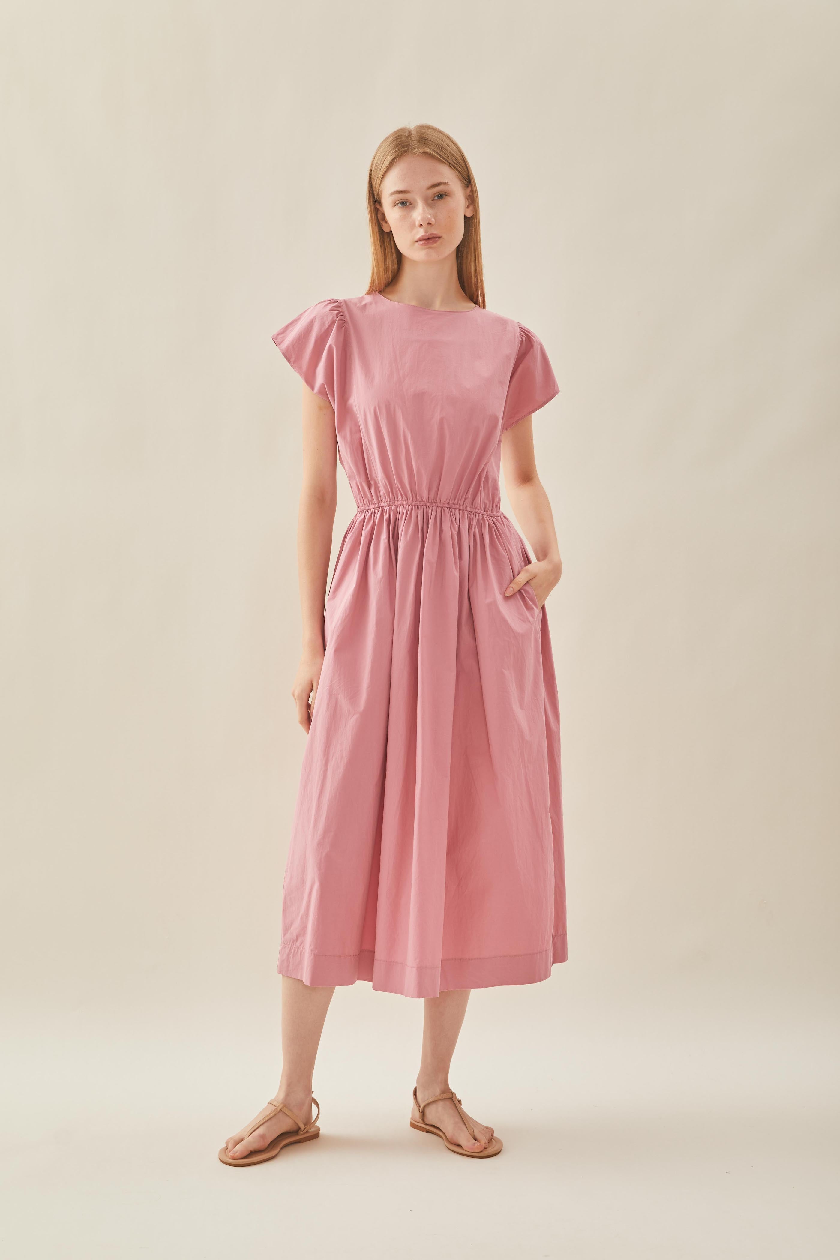Cotton Gathered Waist Dress in Tea Rose