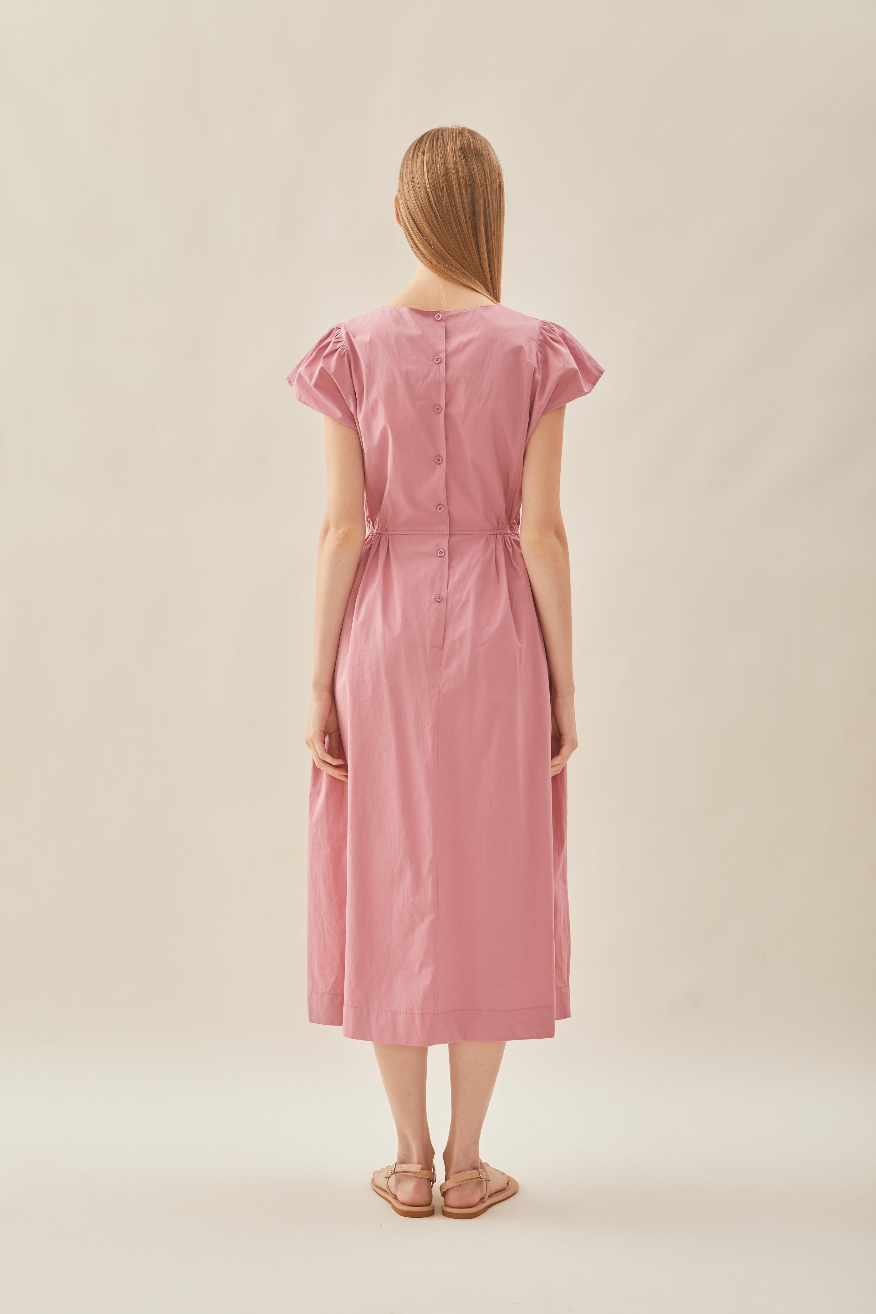 Cotton Gathered Waist Dress in Tea Rose