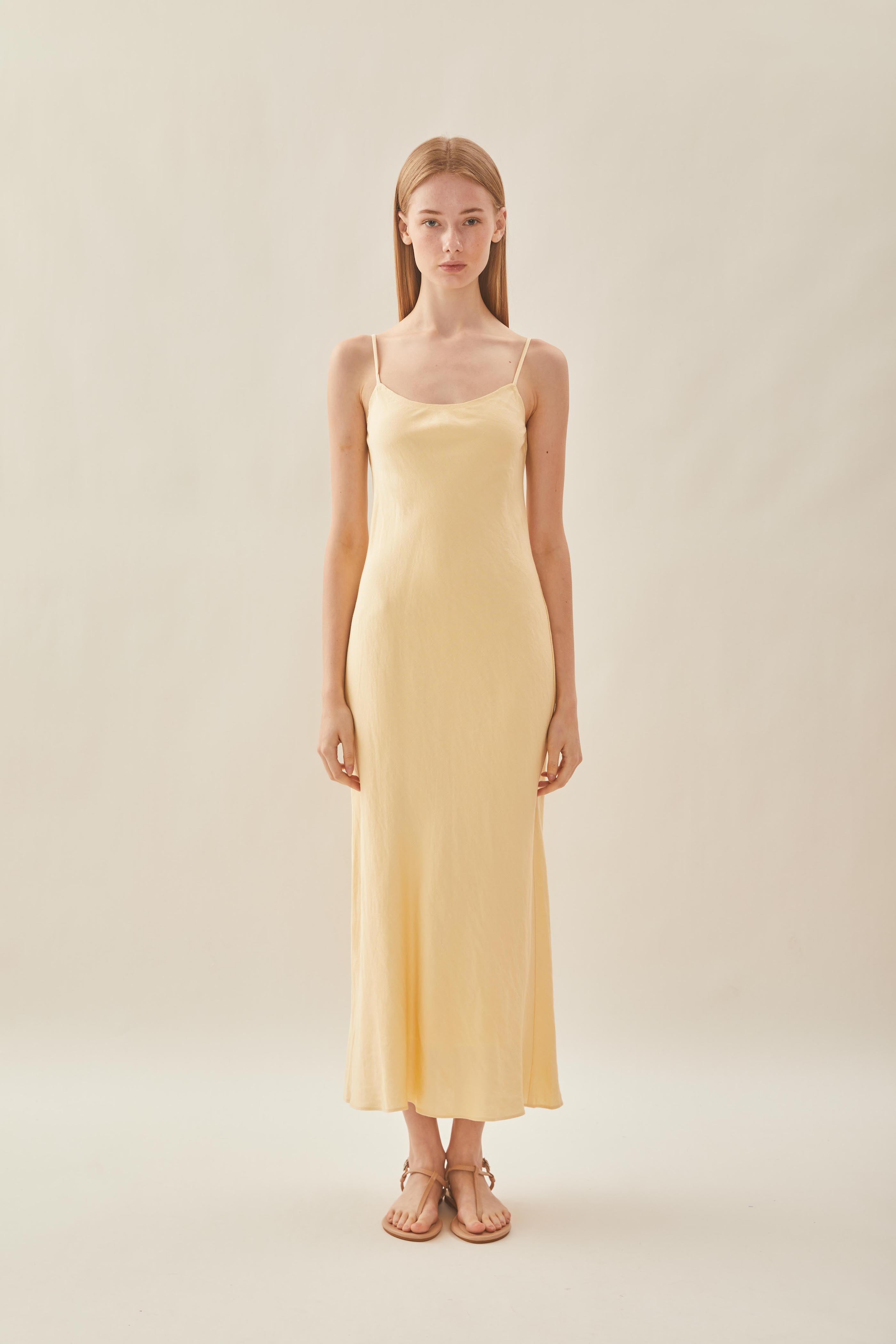 Linen Slip Dress in Pale Yellow