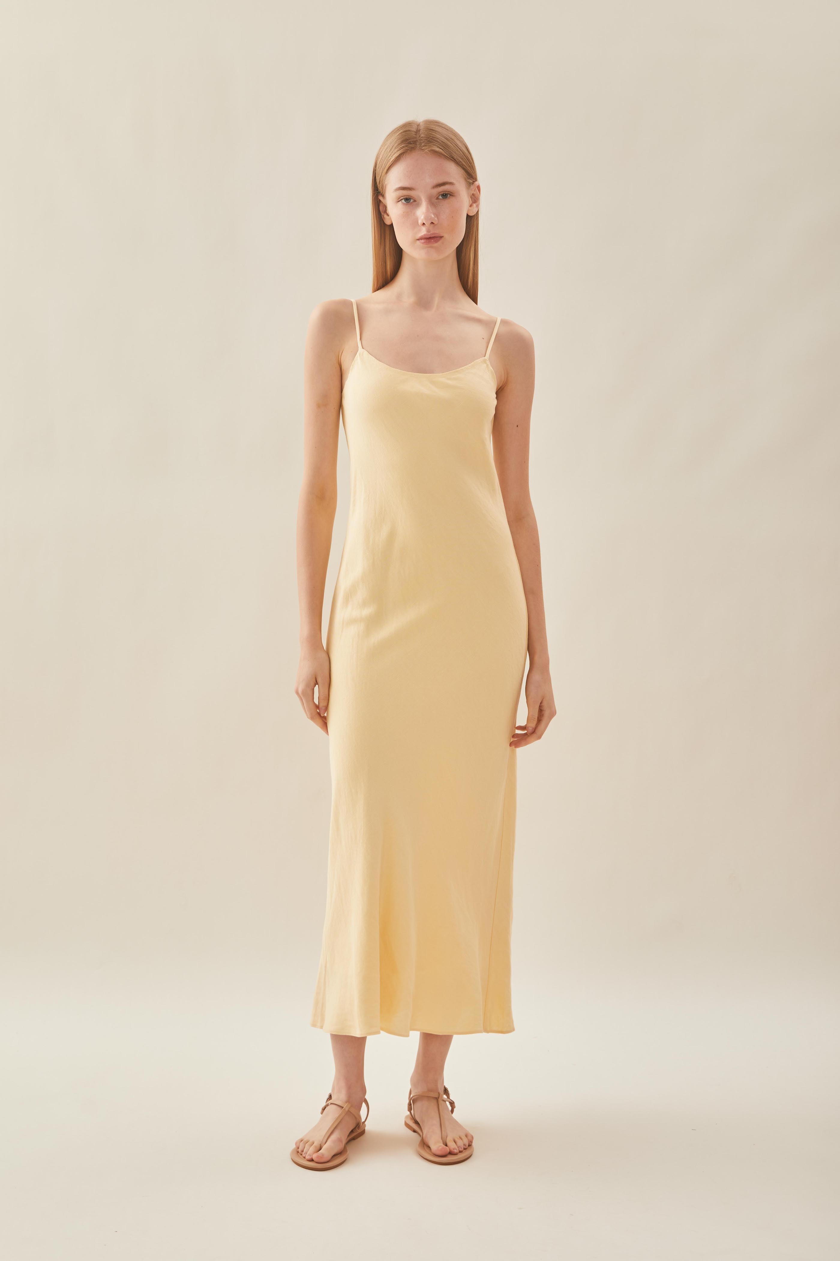 Linen Slip Dress in Pale Yellow