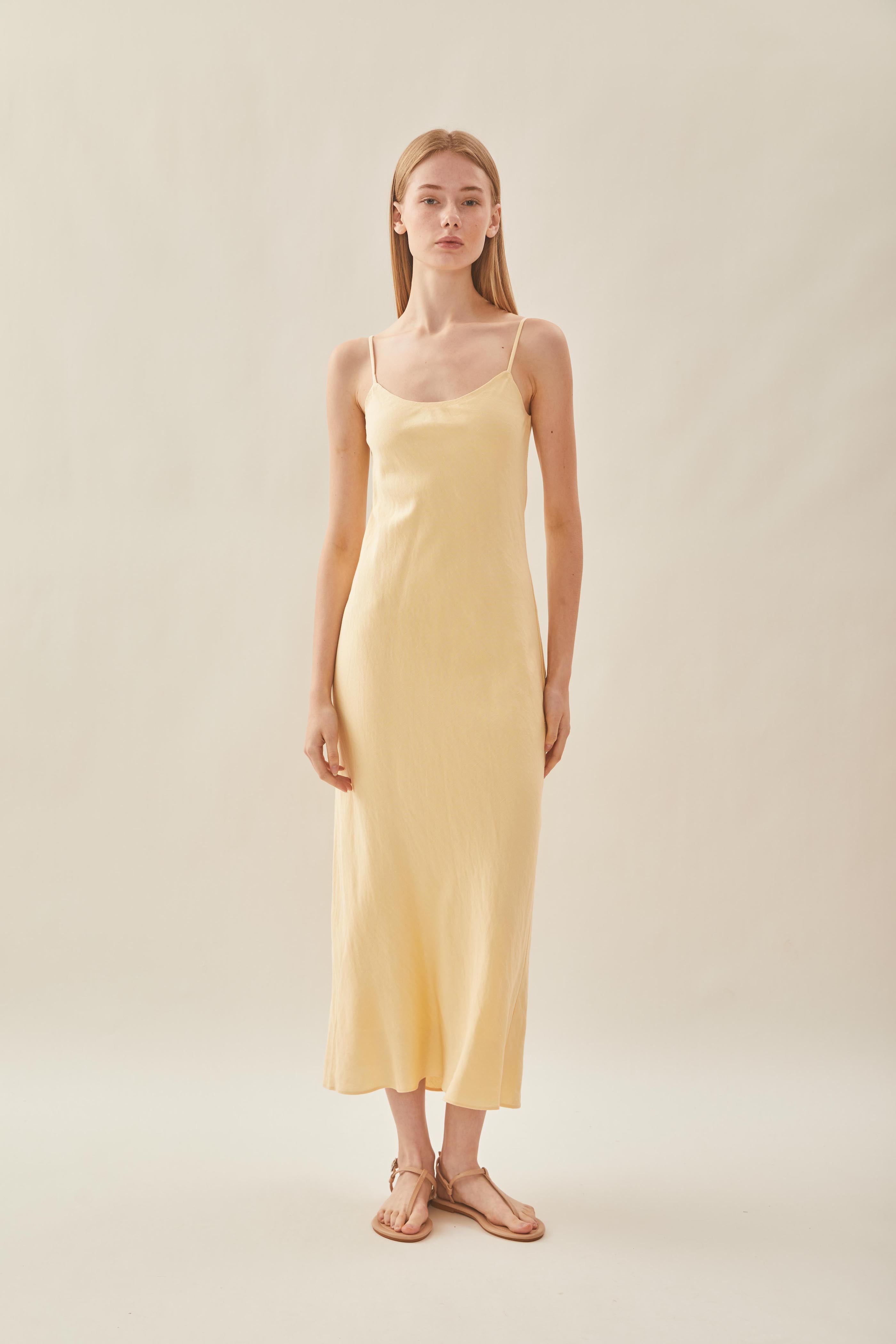 Linen Slip Dress in Pale Yellow