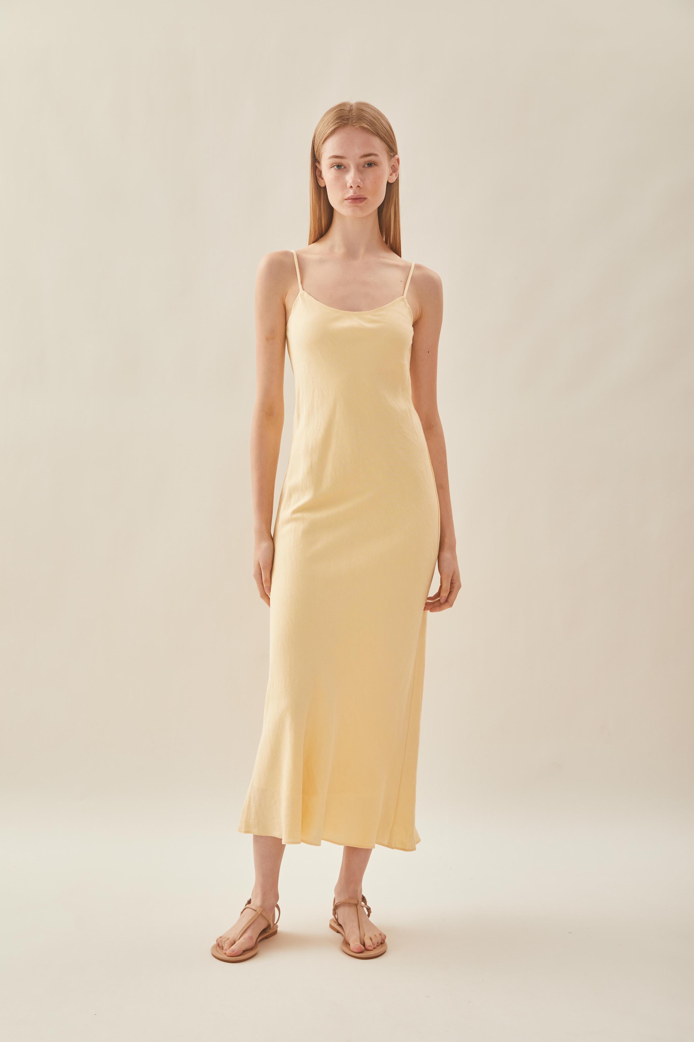 Linen Slip Dress in Pale Yellow