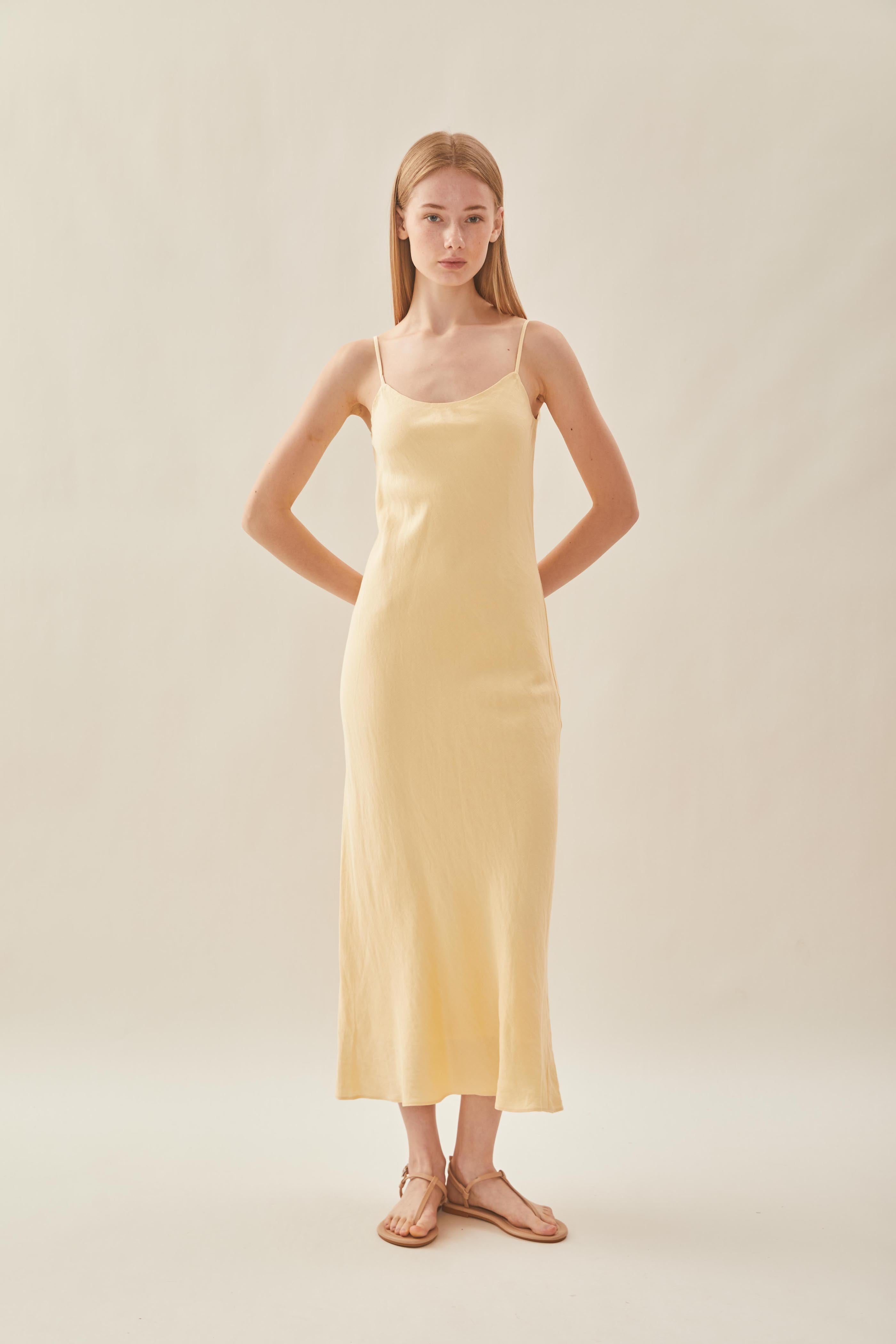 Linen Slip Dress in Pale Yellow