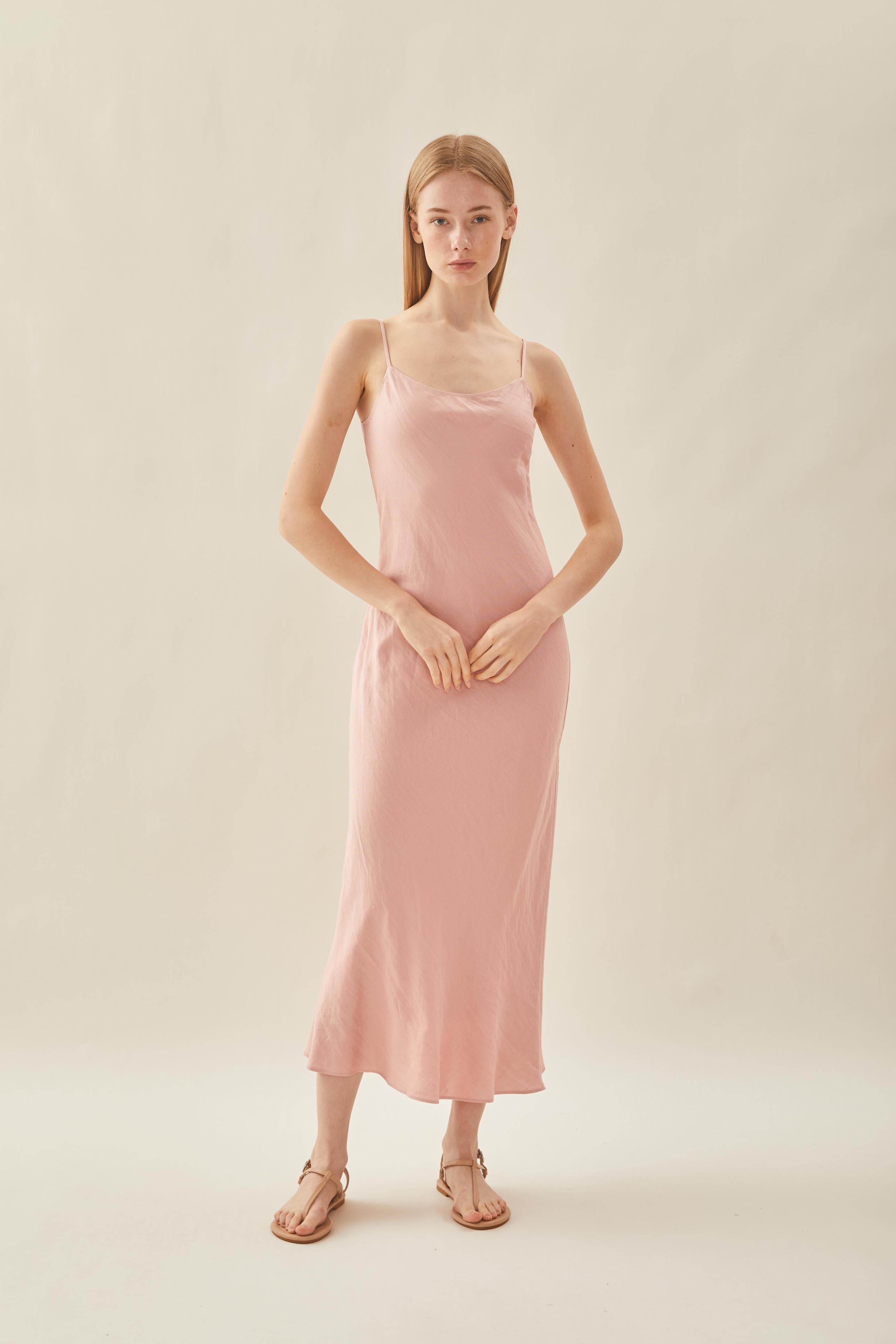 Linen Slip Dress in Petal Pink