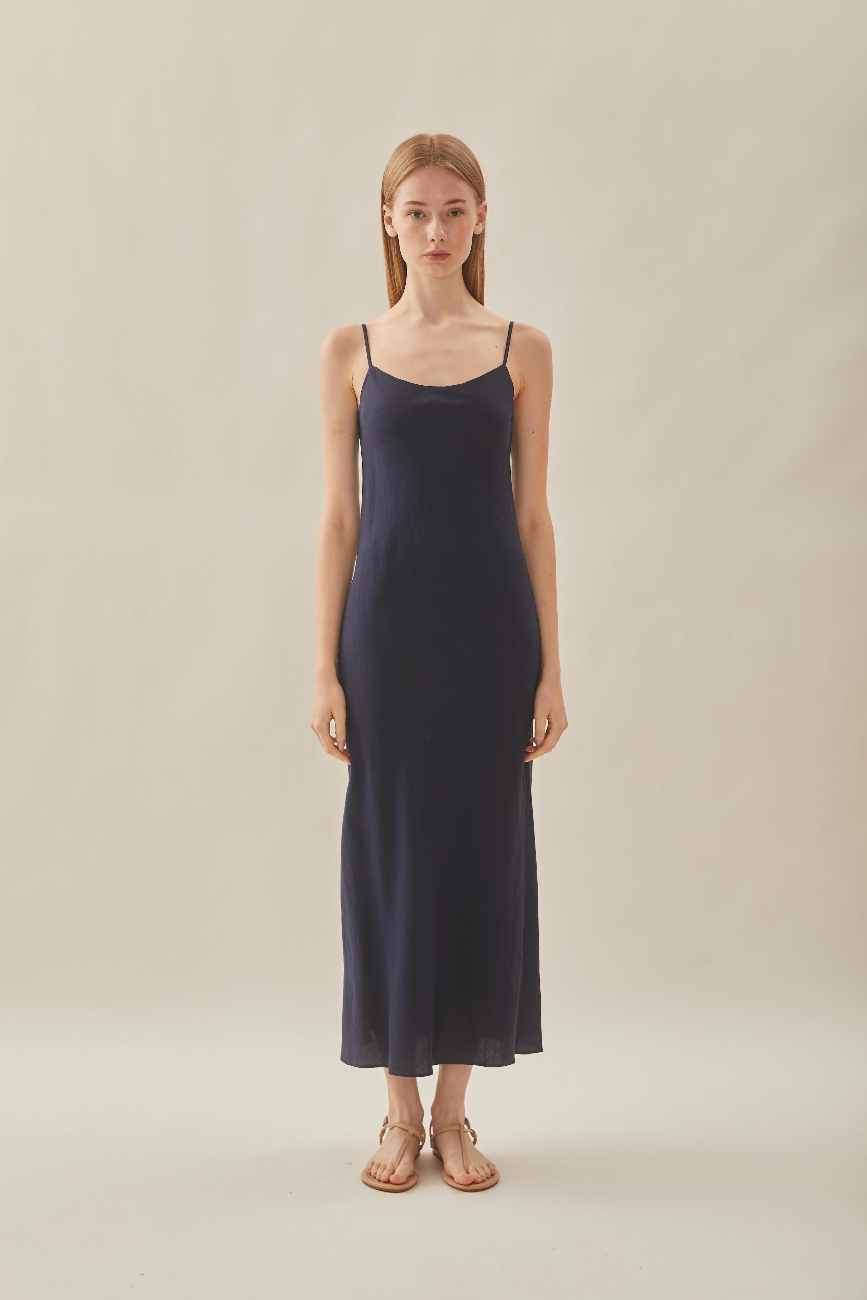 Linen Slip Dress in Midnight