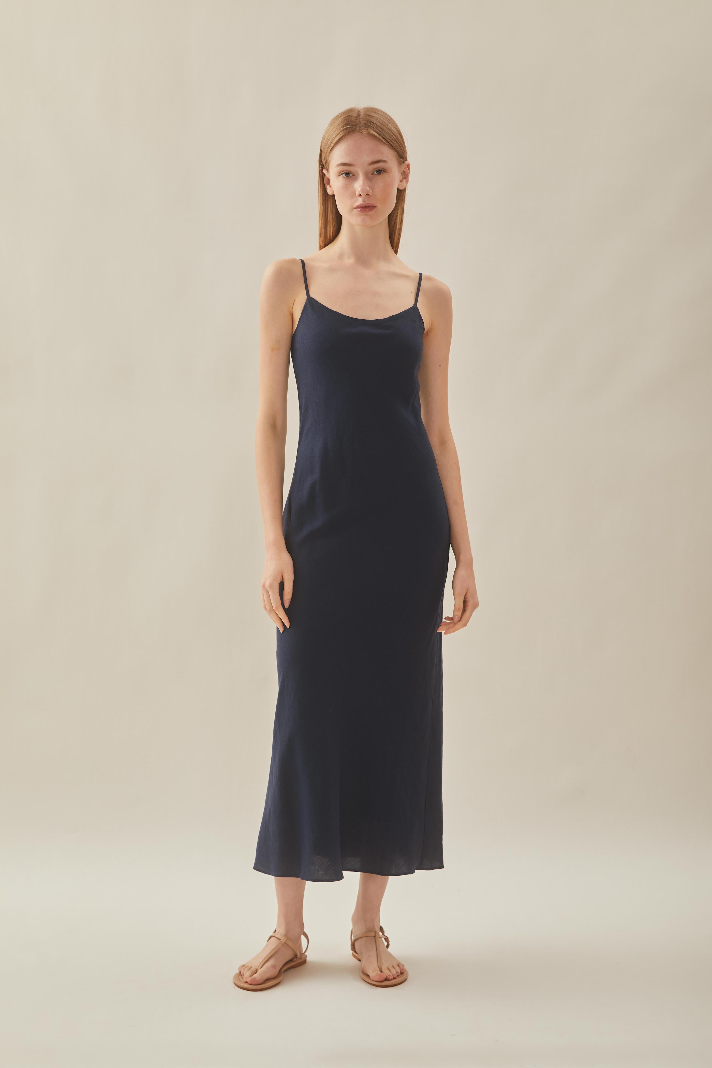 Linen Slip Dress in Midnight