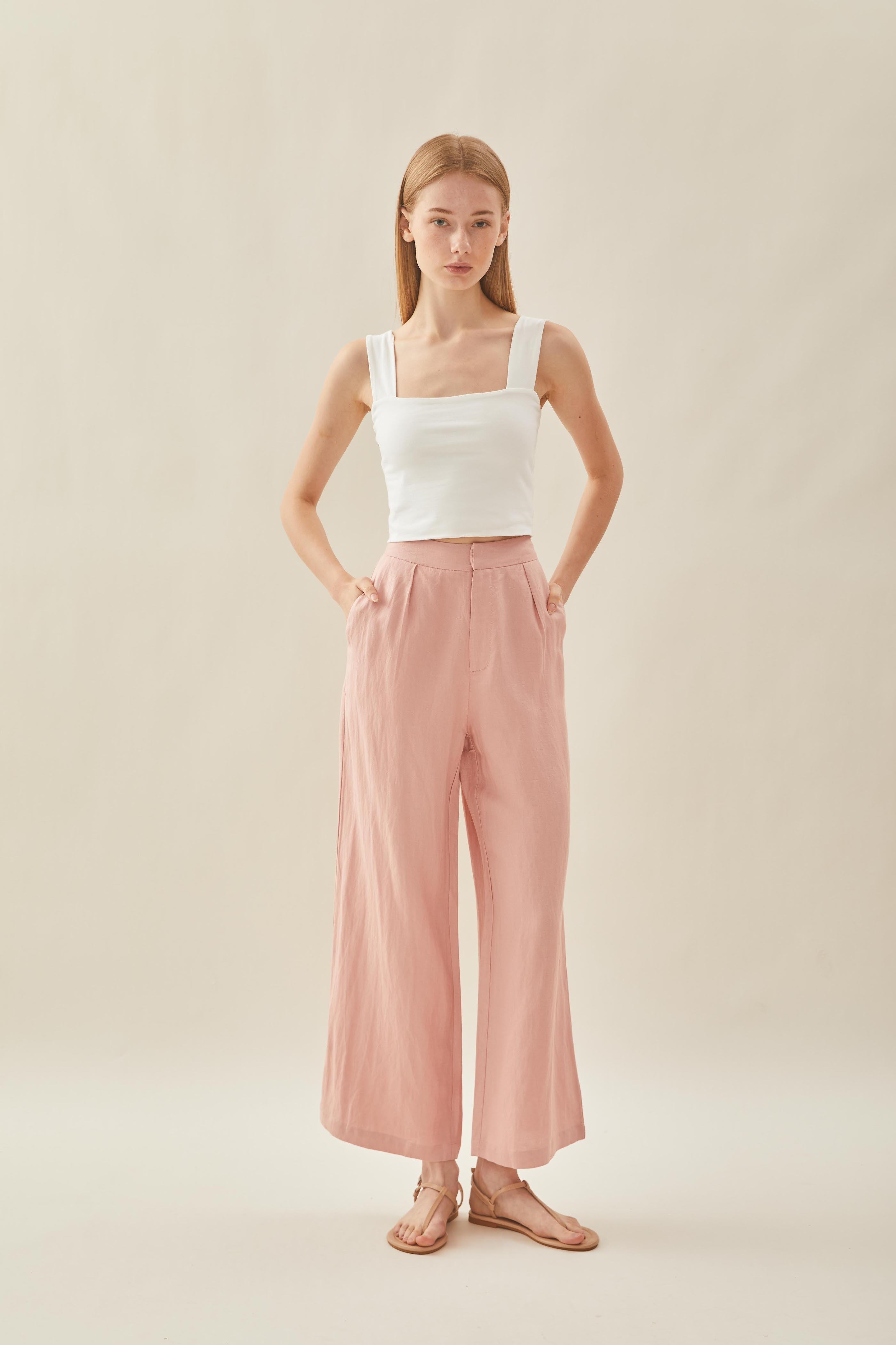 Linen Pleated Trouser in Petal Pink