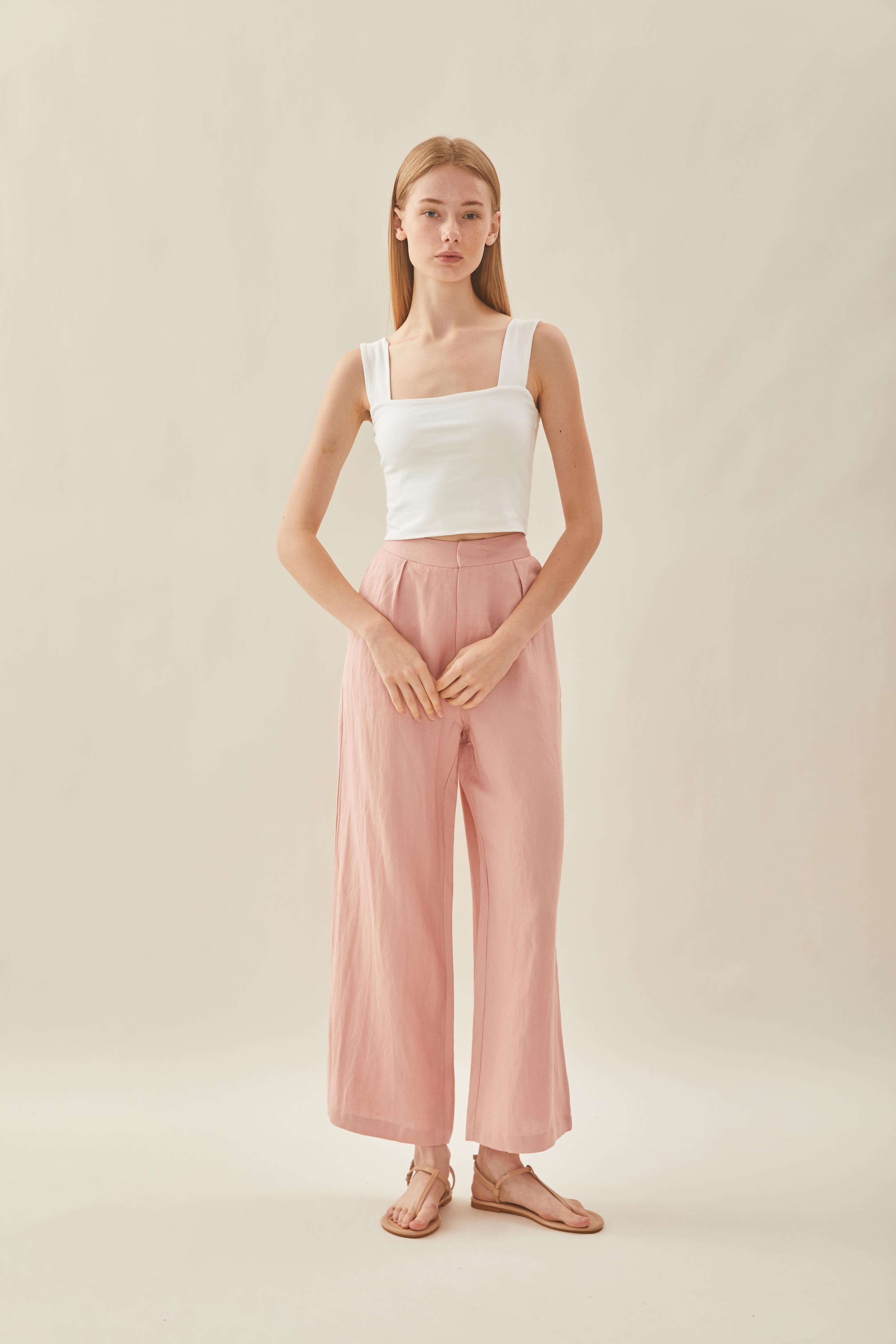 Linen Pleated Trouser in Petal Pink