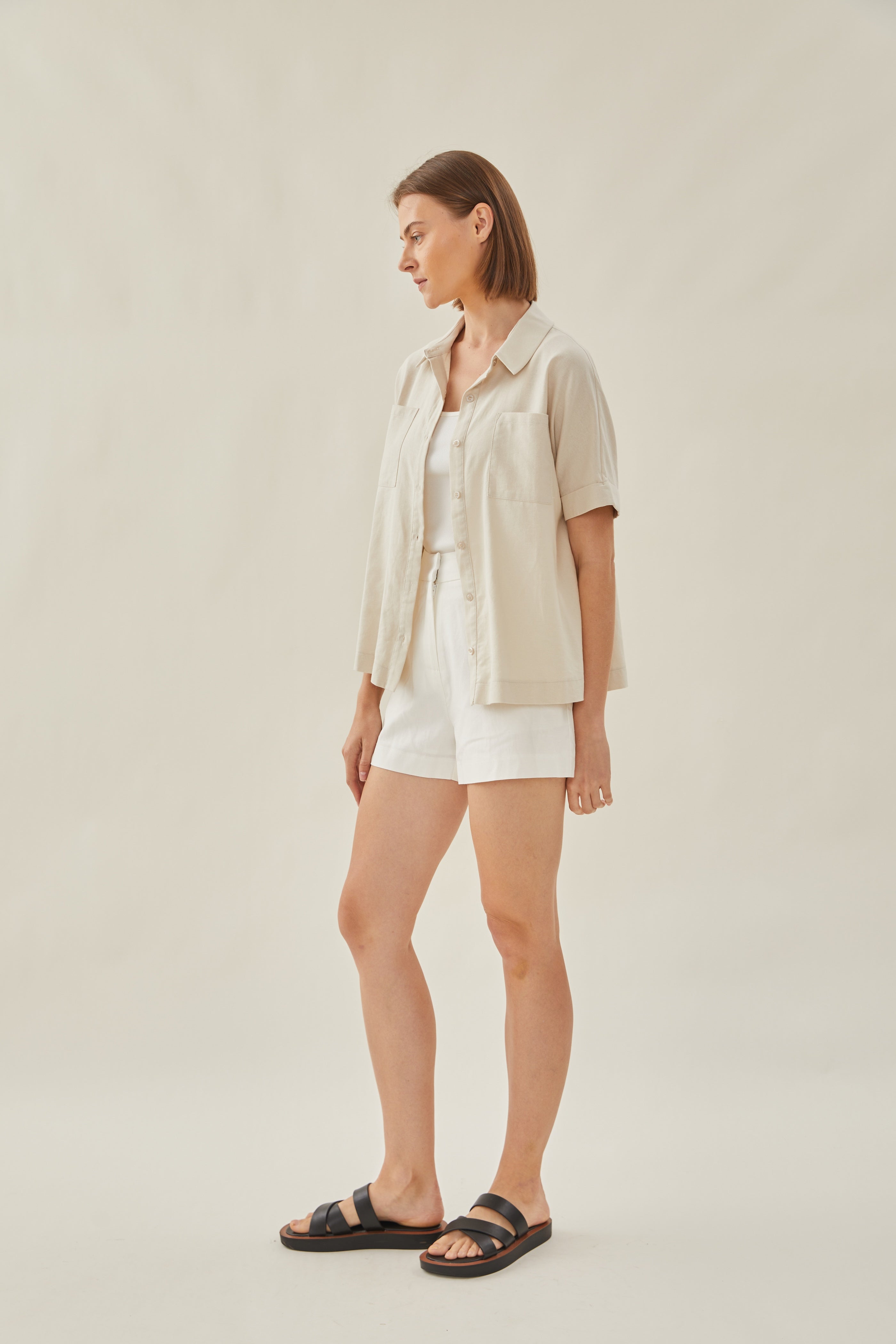 Cotton Short Sleeved Shirt in Beige