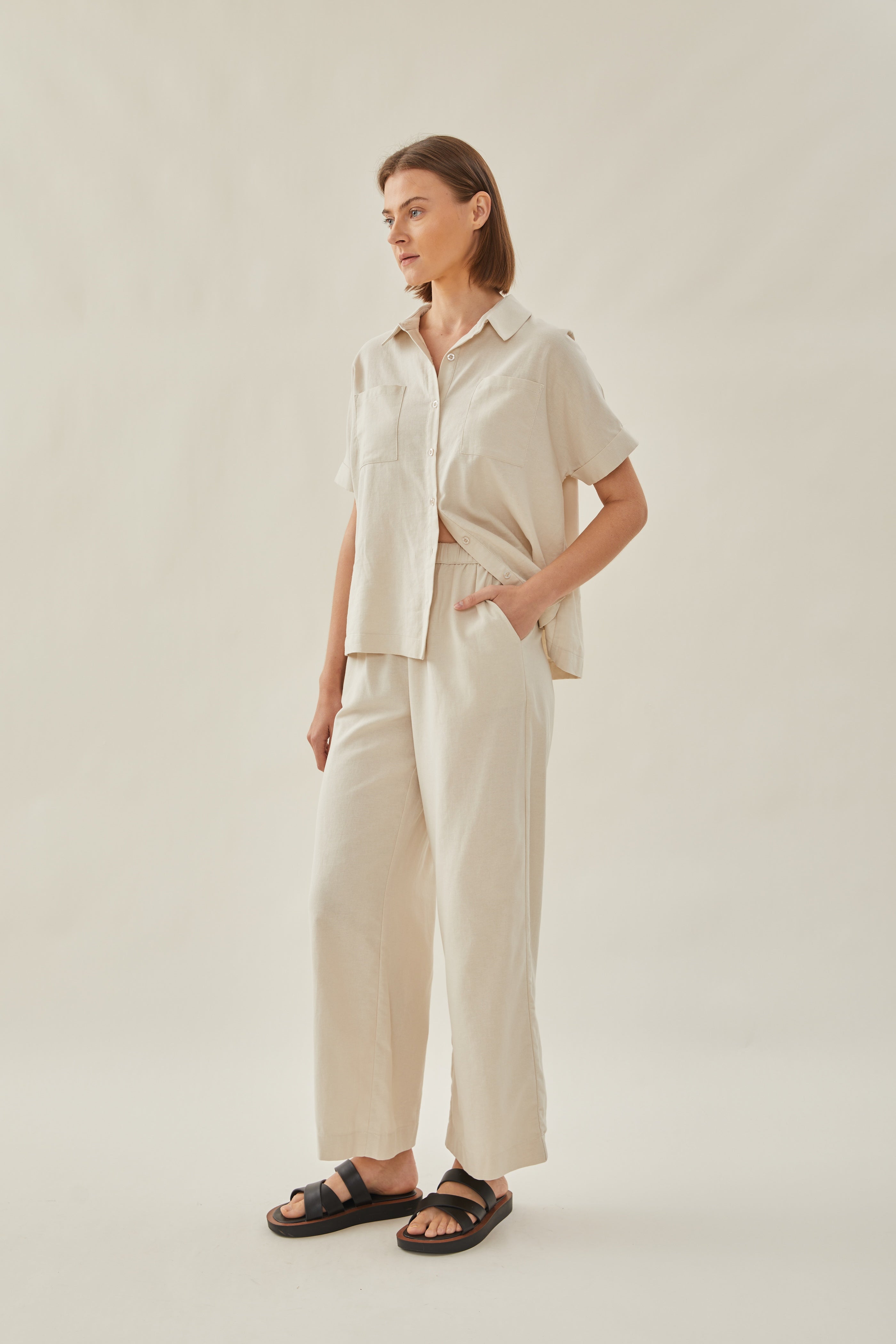 Relaxed Waisted Trousers in Beige