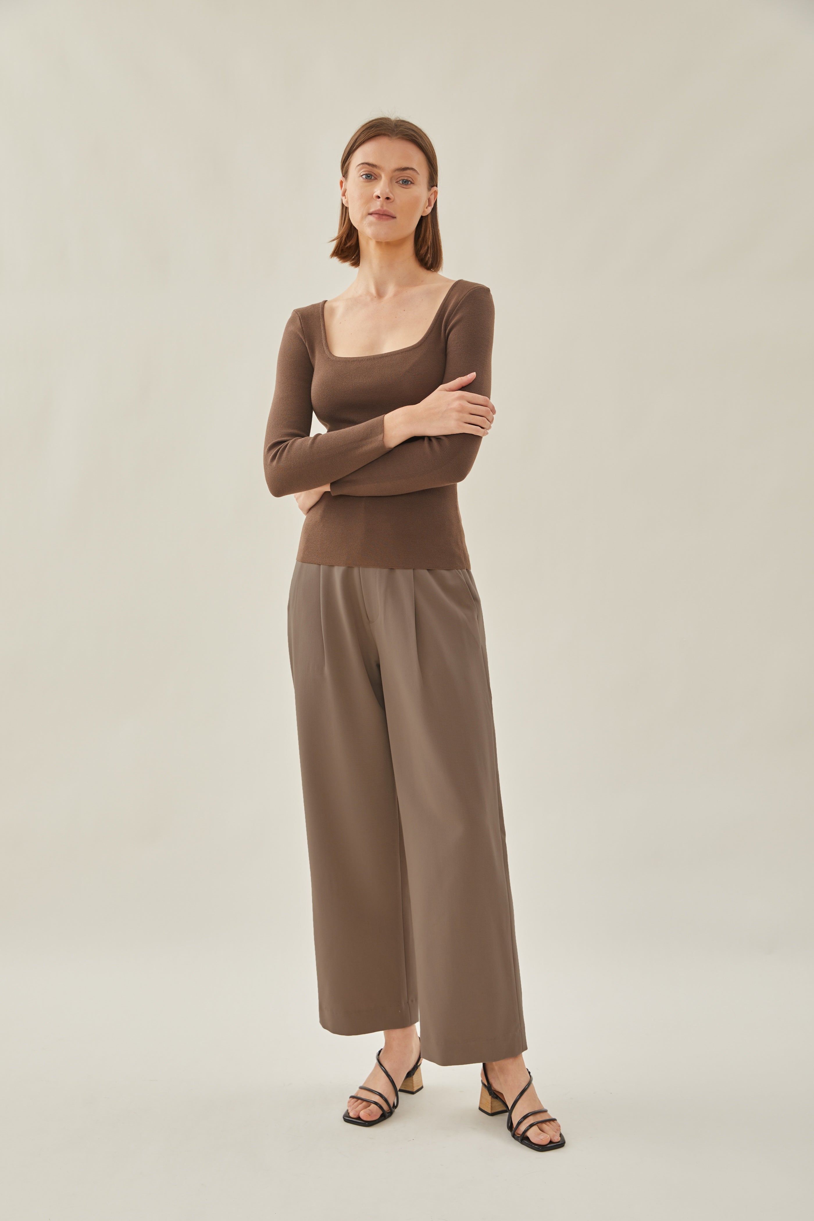 Rounded Square Neck Knit Top in Soil