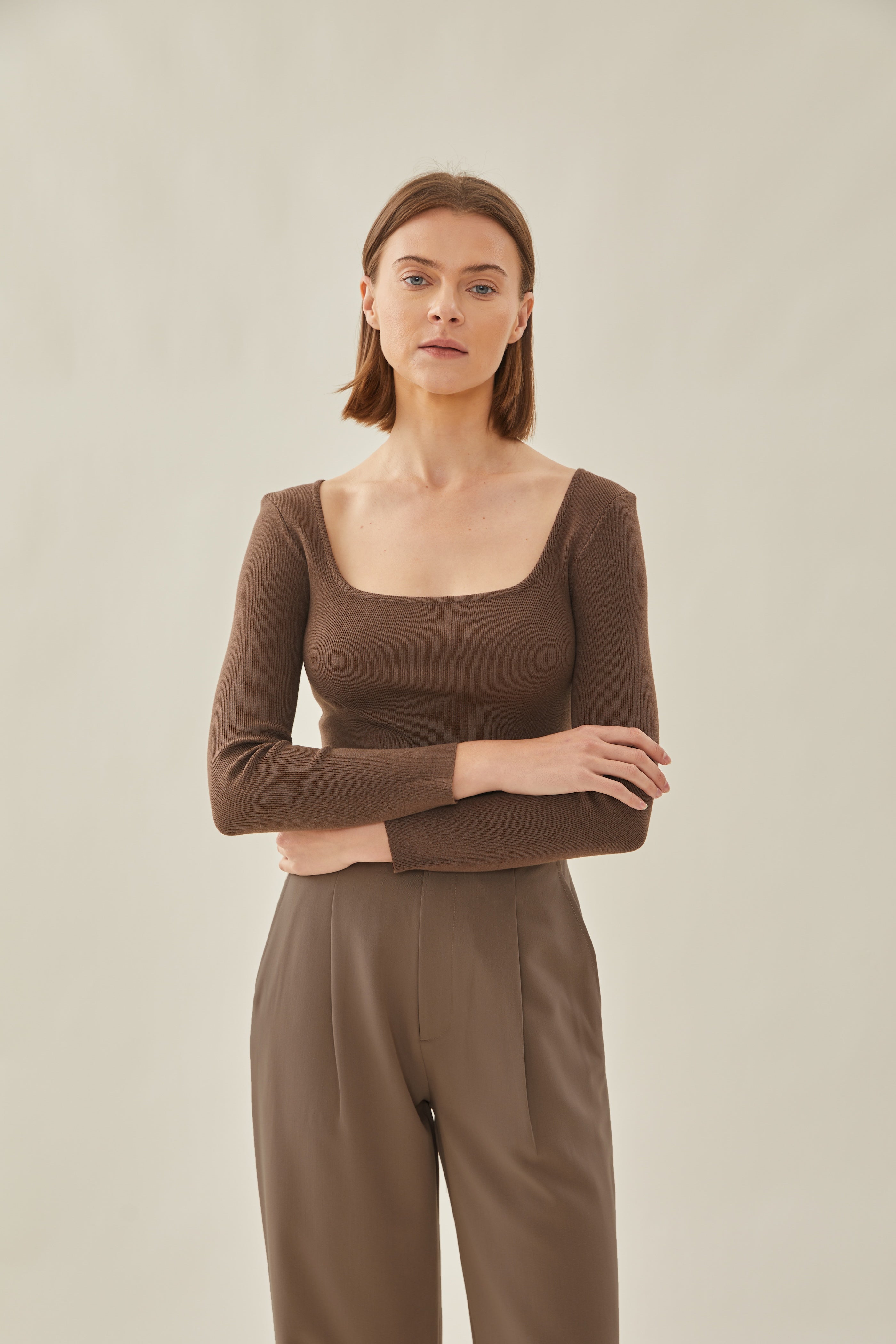 Rounded Square Neck Knit Top in Soil