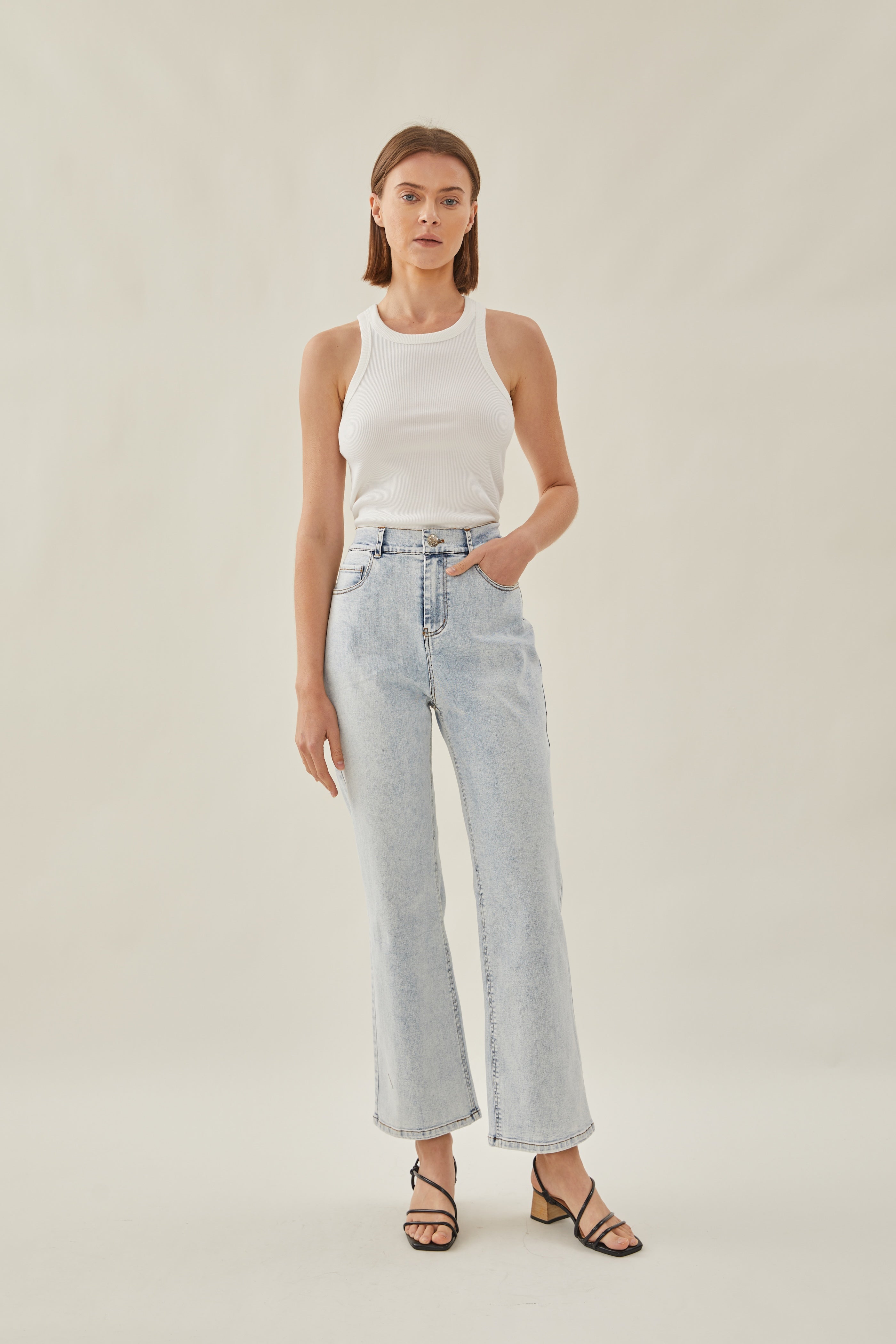 Studios High Rise Straight Cut Stretch Jeans in Blue Wash