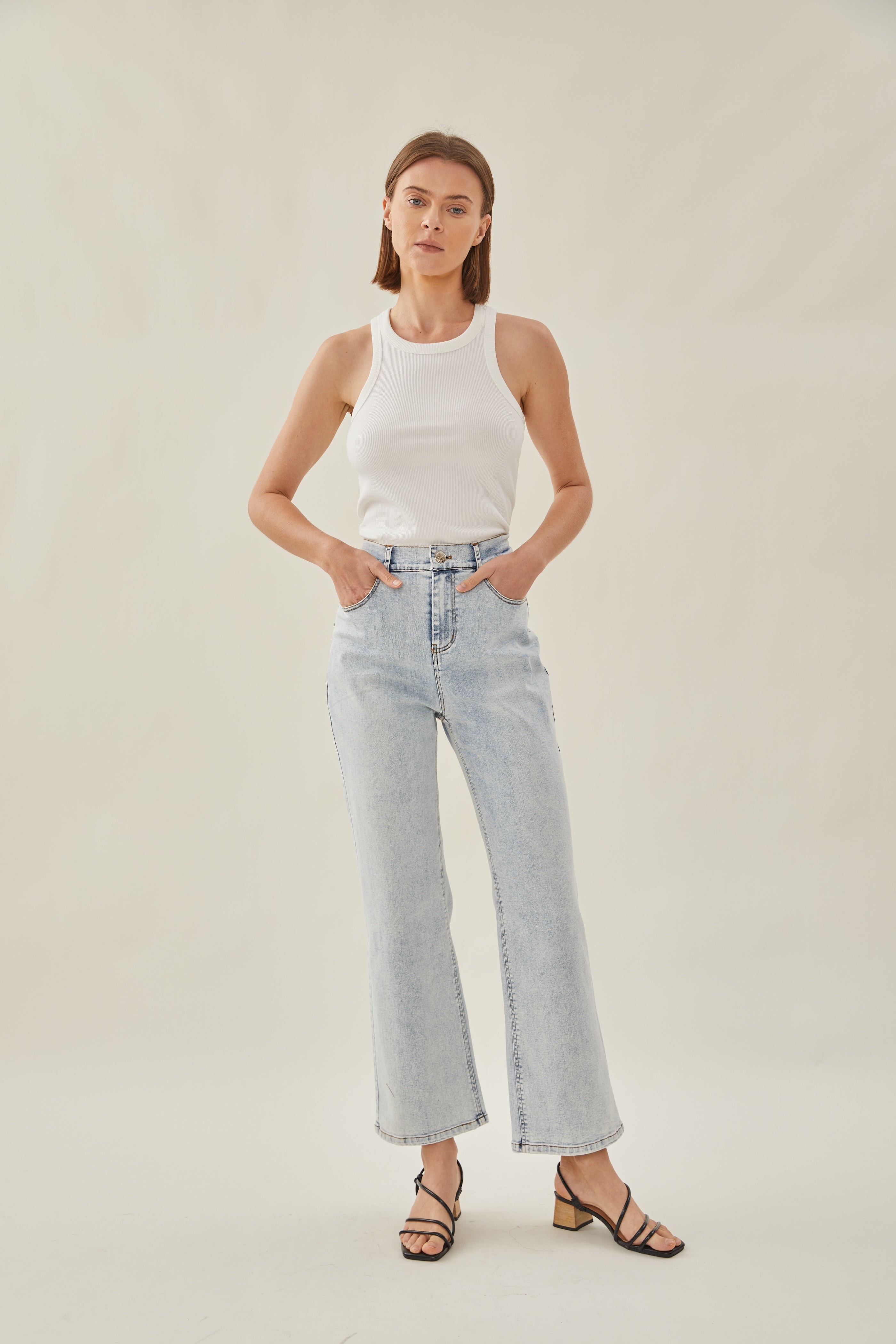 Studios High Rise Straight Cut Stretch Jeans in Blue Wash