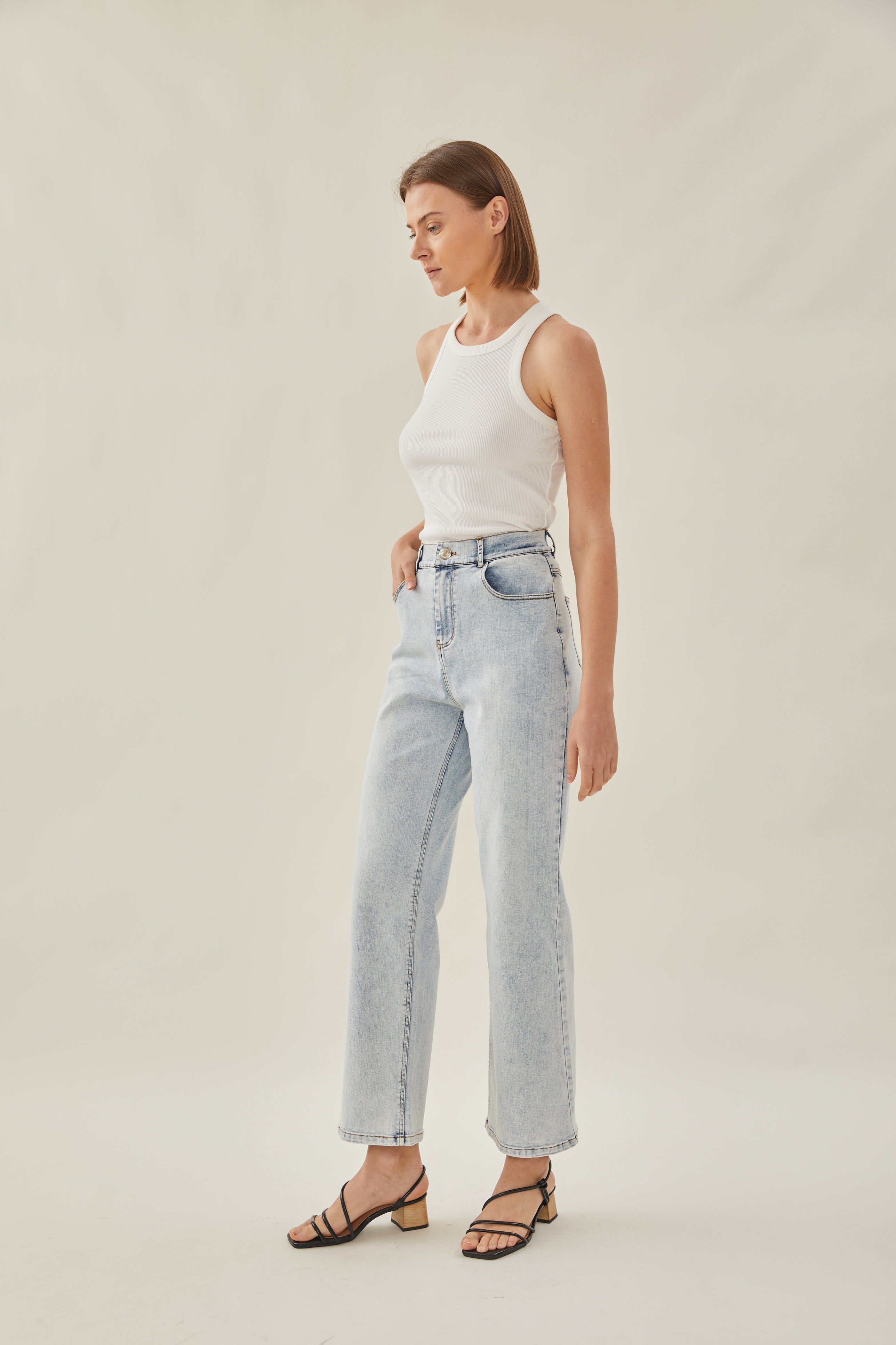Studios High Rise Straight Cut Stretch Jeans in Blue Wash