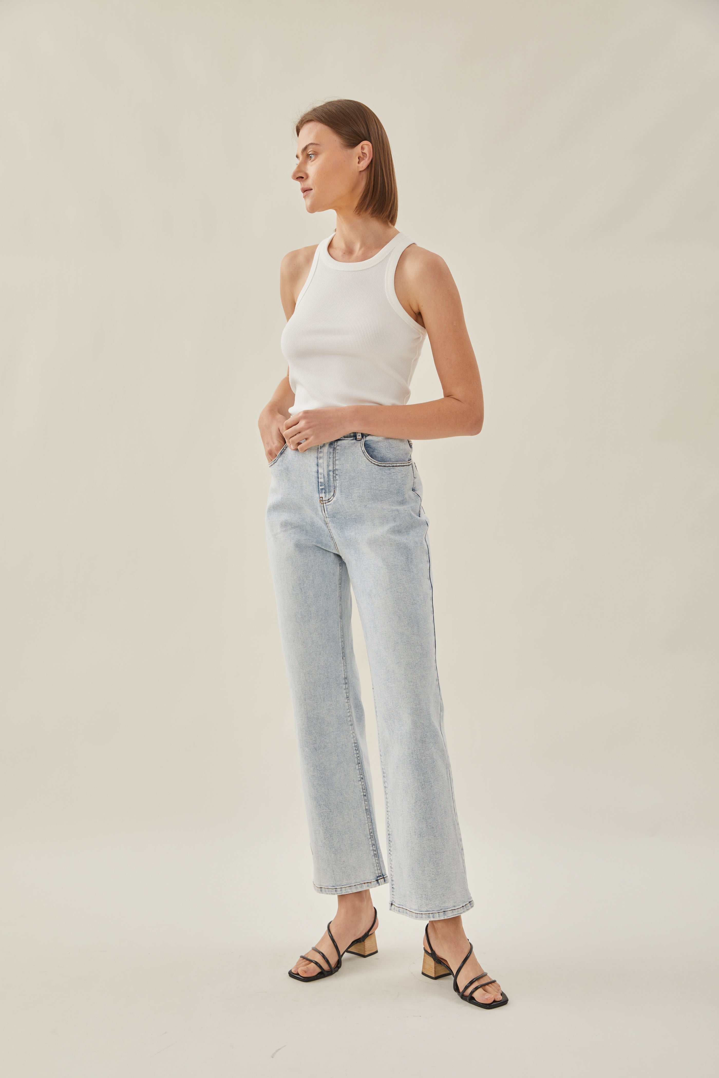 Studios High Rise Straight Cut Stretch Jeans in Blue Wash