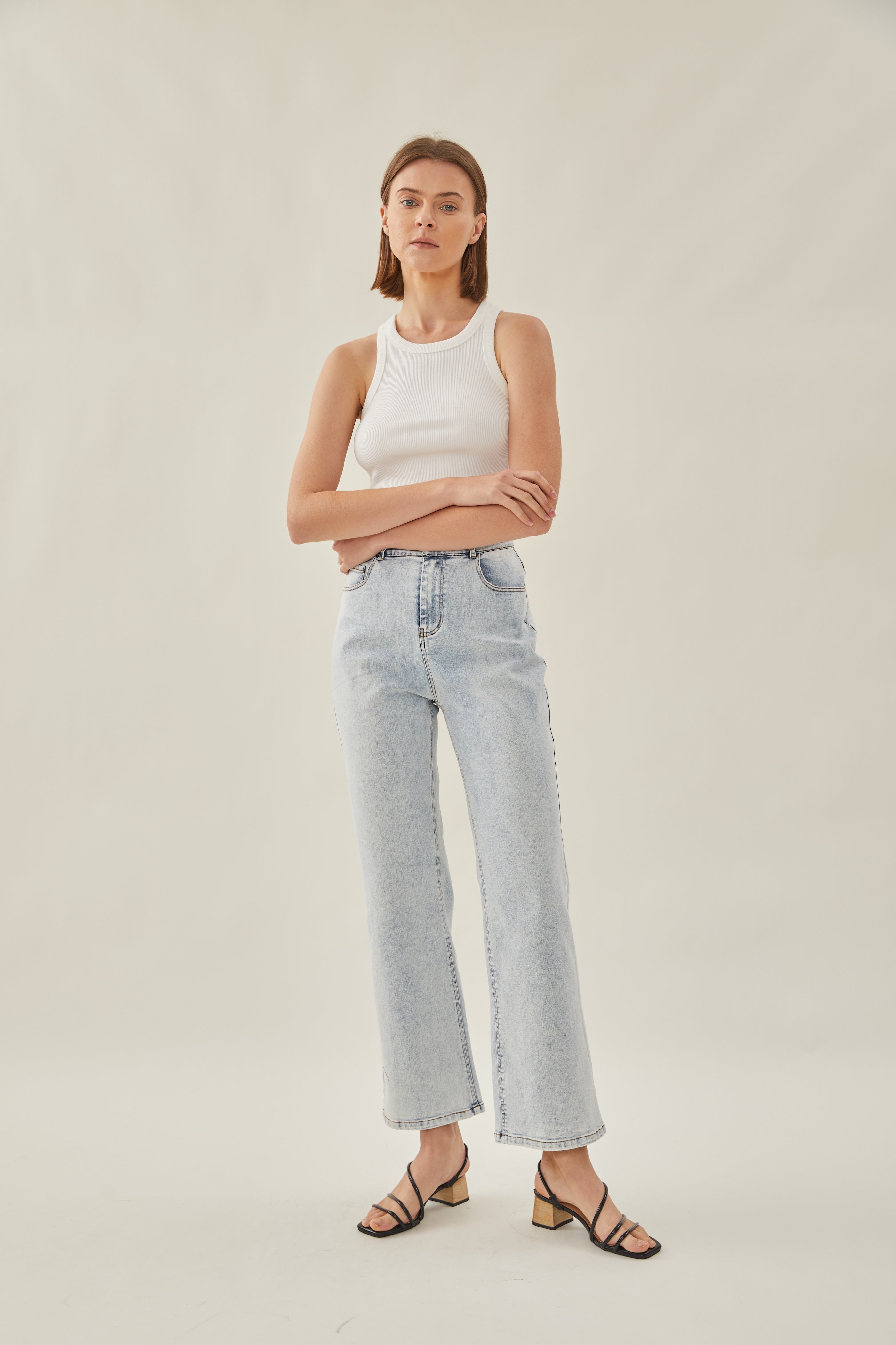 Studios High Rise Straight Cut Stretch Jeans in Blue Wash